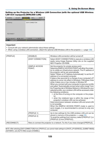 109
5. Using On-Screen Menu
Setting up the Projector for a Wireless LAN Connection (with the optional USB Wireless
LAN Unit equipped) [WIRLESS LAN]
Important
•	 Consult with your network administrator about these settings.
•	 When using a wireless LAN connection, attach the optional USB Wireless LAN to the projector. (→ page 128)
[PROFILE] [DISABLE] Wireless LAN connection will be turned off
[EASY CONNECTION] Select [EASY CONNECTION] to execute a wireless LAN
easily using Image Express Utility Lite on the supplied
NEC Projector CD-ROM.
[SIMPLE ACCESS
POINT]
Set the projector for simple access point.
Selecting [SIMPLE ACCESS POINT] will allow the projec-
tor to create an infrastructure network. The IP address of
the projector will be set automatically.
Select Obtain an IP Address Automatically to set the IP
address of a connected computer.  
It takes a few seconds for a change of your computer's IP
address to come into effect in Windows 7/Windows Vista
while it takes one or two minutes in Window XP.
When you connect with your computer to save your profile
and select Automatically connect when within range from
the Properties tab of Wireless Network in Windows for your
selected profile, your wireless LAN will be accessed under
the following conditions:
•	 at the time of turning on the computer or the projec-
tor
•	 when the notebook type is within the range of the
projector's wireless LAN can be achieved.
Data transmission between wireless LAN and wired LAN
is not possible.
When the [SIMPLE ACCESS POINT] mode is used to
send images, it is recommended to connect to only one
computer.
[PROFILE 1] Up to two settings for the USB wireless LAN unit can be
stored in memory of the projector. (→ page 50)
To recall the settings from memory, select [PROFILE 1] or
[PROFILE 2] from [PROFILE].
[PROFILE 2]
[RECONNECT] Retry to connect the projector to a network. Try this if you have changed [PROFILE].
NOTE: After selecting [EASY CONNECTION] from [PROFILE], you cannot make settings to [DHCP], [IP ADDRESS], [SUBNET MASK],
[GATEWAY], and [AUTO DNS] except [CHANNEL].
 