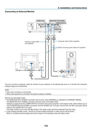 123
6. Installation and Connections
Connecting an External Monitor
You can connect a separate, external monitor to your projector to simultaneously view on a monitor the computer
analog image you’re projecting.
NOTE:
•	 Daisy chain connection is not possible.
•	 When audio equipment is connected, the projector speaker is disabled.
Monitor out and sleep mode:
•	 The MONITOR OUT (COMP.) connector will not work when [NORMAL] is selected for [STANDBY MODE].
	 The MONITOR OUT (COMP.) connector will work only in the sleep mode.
	 Applying a signal from the COMPUTER IN connector will put the projector in the sleep mode, which allows you to
use the MONITOR OUT(COMP.) connector and the AUDIO OUT mini jack. Sound from the MIC input jack will be
output to the AUDIO OUT mini jack.
	 The sleep mode is one of the standby modes. The sleep mode cannot be selected from the menu.
•	 In the network standby mode,  sound for the last viewed computer or video source will be heard.
	 BNC-to- D-SUB converted signal will not be output in the standby mode and sleep mode.
MONITOR OUT(COMP.)AUDIO OUT
AUDIO IN
COMPUTER IN
Computer cable (VGA) (supplied)
Stereo mini-plug audio cable (not supplied)
Computer cable (VGA)
(not supplied)
 