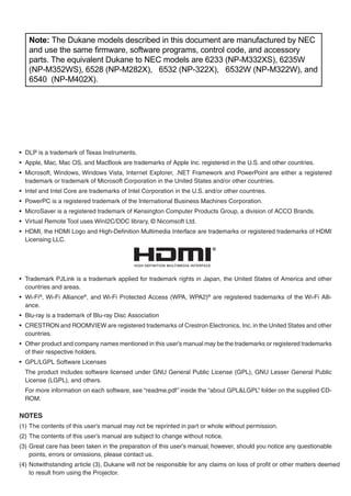 •	 DLP is a trademark of Texas Instruments.
•	 Apple, Mac, Mac OS, and MacBook are trademarks of Apple Inc. registered in the U.S. and other countries.
•	 Microsoft, Windows, Windows Vista, Internet Explorer, .NET Framework and PowerPoint are either a registered
trademark or trademark of Microsoft Corporation in the United States and/or other countries.
•	 Intel and Intel Core are trademarks of Intel Corporation in the U.S. and/or other countries.
•	 PowerPC is a registered trademark of the International Business Machines Corporation.
•	 MicroSaver is a registered trademark of Kensington Computer Products Group, a division of ACCO Brands.
•	 Virtual Remote Tool uses WinI2C/DDC library, © Nicomsoft Ltd.
•	 HDMI, the HDMI Logo and High-Definition Multimedia Interface are trademarks or registered trademarks of HDMI
Licensing LLC.
•	 Trademark PJLink is a trademark applied for trademark rights in Japan, the United States of America and other
countries and areas.
•	 Wi-Fi®
, Wi-Fi Alliance®
, and Wi-Fi Protected Access (WPA, WPA2)®
are registered trademarks of the Wi-Fi Alli-
ance.
•	 Blu-ray is a trademark of Blu-ray Disc Association
•	 CRESTRON and ROOMVIEW are registered trademarks of Crestron Electronics, Inc.in the United States and other
countries.
•	 Other product and company names mentioned in this user’s manual may be the trademarks or registered trademarks
of their respective holders.
•	 GPL/LGPL Software Licenses
	 The product includes software licensed under GNU General Public License (GPL), GNU Lesser General Public
License (LGPL), and others.
	 For more information on each software, see “readme.pdf” inside the “about GPL&LGPL” folder on the supplied CD-
ROM.
NOTES
(1)	The contents of this user’s manual may not be reprinted in part or whole without permission.
(2)	The contents of this user’s manual are subject to change without notice.
(3)	Great care has been taken in the preparation of this user’s manual; however, should you notice any questionable
points, errors or omissions, please contact us.
(4)	Notwithstanding article (3), will	not	be responsible	for any	claims on loss	of	profit or other matters deemed
to result from using the Projector.
Note: The Dukane models described in this document are manufactured by NEC
and use the same firmware, software programs, control code, and accessory
parts. The equivalent Dukane to NEC models are 6233 (NP-M332XS), 6235W
(NP-M352WS), 6528 (NP-M282X), 6532 (NP-322X), 6532W (NP-M322W), and
6540 (NP-M402X).
 