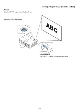 23
2. Projecting an Image (Basic Operation)
Focus
Use the FOCUS ring to obtain the best focus.
Focus Ring
Focus Lever
[6528/6532/6532W/6540]
[6233/6235W]
Use the FOCUS lever to obtain the best focus.
 