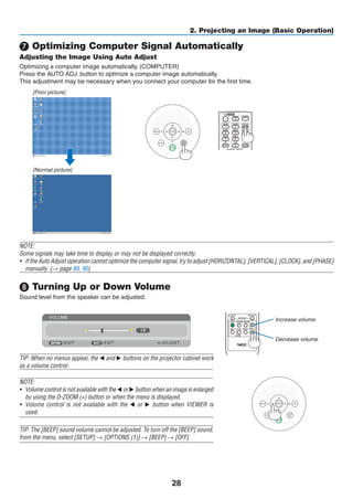 28
2. Projecting an Image (Basic Operation)
❼ Optimizing Computer Signal Automatically
Adjusting the Image Using Auto Adjust
Optimizing a computer image automatically. (COMPUTER)
Press the AUTO ADJ. button to optimize a computer image automatically.
This adjustment may be necessary when you connect your computer for the first time.
[Poor picture]
[Normal picture]
NOTE:
Some signals may take time to display or may not be displayed correctly.
•	 If the Auto Adjust operation cannot optimize the computer signal, try to adjust [HORIZONTAL], [VERTICAL], [CLOCK], and [PHASE]
manually. (→ page 89, 90)
❽ Turning Up or Down Volume
Sound level from the speaker can be adjusted.
TIP: When no menus appear, the ◀ and ▶ buttons on the projector cabinet work
as a volume control.
NOTE:
•	 Volume control is not available with the ◀ or ▶ button when an image is enlarged
by using the D-ZOOM (+) button or when the menu is displayed.
•	 Volume control is not available with the ◀ or ▶ button when VIEWER is
used.
TIP: The [BEEP] sound volume cannot be adjusted. To turn off the [BEEP] sound,
from the menu, select [SETUP] → [OPTIONS (1)] → [BEEP] → [OFF].
Increase volume
Decrease volume
 