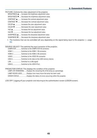49
3. Convenient Features
PICTURE: Controls the video adjustment of the projector.
BRIGHTNESS ▲	���� Increases the brightness adjustment value.
BRIGHTNESS ▼	���� Decreases the brightness adjustment value.
CONTRAST ▲	�������� Increases the contrast adjustment value.
CONTRAST ▼	�������� Decreases the contrast adjustment value.
COLOR ▲	�������������� Increases the color adjustment value.
COLOR ▼	�������������� Decreases the color adjustment value.
HUE ▲	������������������� Increases the hue adjustment value.
HUE ▼	������������������� Decreases the hue adjustment value.
SHARPNESS ▲	����� Increases the sharpness adjustment value.
SHARPNESS ▼	����� Decreases the sharpness adjustment value.
•	 The functions that can be controlled will vary depending on the signal being input to the projector. (→ page
88)
SOURCE SELECT: This switches the input connector of the projector.
COMPUTER	����������� Switches to the COMPUTER IN connector.
HDMI 1	������������������ Switches to the HDMI 1 IN connector.
HDMI 2	������������������ Switches to the HDMI 2 IN connector.
VIDEO	�������������������� Switches to the VIDEO IN connector.
USB-A	�������������������� Switches to the data on the USB memory device.
LAN	������������������������ Switches to a LAN signal.
USB-B	�������������������� Switches to the USB-B Port.
PROJECTOR STATUS: This displays the condition of the projector.
LAMP LIFE REMAINING	�����Displays the remaining life of the lamp as a percentage.
LAMP HOURS USED	�����������Displays how many hours the lamp has been used.
ERROR STATUS	������������������Displays the status of errors occurring within the projector.
LOG OFF: Logging off your projector and returning to the authentication screen (LOGON screen).
 