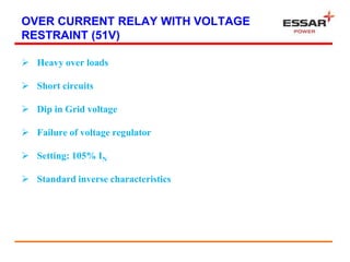 OVER CURRENT RELAY WITH VOLTAGE
RESTRAINT (51V)
 Heavy over loads
 Short circuits
 Dip in Grid voltage
 Failure of voltage regulator
 Setting: 105% IN
 Standard inverse characteristics
 