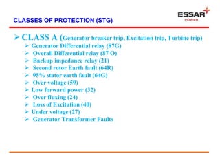 CLASSES OF PROTECTION (STG)
 CLASS A (Generator breaker trip, Excitation trip, Turbine trip)
 Generator Differential relay (87G)
 Overall Differential relay (87 O)
 Backup impedance relay (21)
 Second rotor Earth fault (64R)
 95% stator earth fault (64G)
 Over voltage (59)
 Low forward power (32)
 Over fluxing (24)
 Loss of Excitation (40)
 Under voltage (27)
 Generator Transformer Faults
 