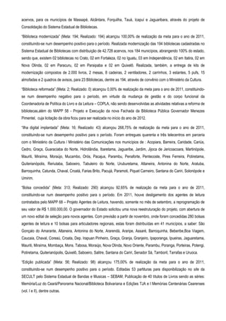 acervos, para os municípios de Massapé, Alcântara, Forquilha, Tauá, Icapuí e Jaguaribara, através do projeto de
Consolidação do Sistema Estadual de Bibliotecas.

“Biblioteca modernizada” (Meta: 194; Realizado: 194) alcançou 100,00% de realização da meta para o ano de 2011,
constituindo-se num desempenho positivo para o período. Realizada modernização das 194 bibliotecas cadastradas no
Sistema Estadual de Bibliotecas com distribuição de 42.728 acervos, nos 184 municípios, abrangendo 100% do estado,
sendo que, existem 02 bibliotecas no Crato, 02 em Fortaleza, 02 no Iguatu, 03 em Independência, 02 em Itatira, 02 em
Nova Olinda, 02 em Paracuru, 02 em Paraipaba e 02 em Quixelô. Realizada, também, a entrega de kits de
modernização compostos de 2.000 livros, 2 mesas, 8 cadeiras, 2 ventiladores, 2 carrinhos, 3 estantes, 5 pufs, 15
almofadas e 2 quadros de avisos, para 23 Bibliotecas, dentre as 194, através de convênio com o Ministério da Cultura.

“Biblioteca reformada” (Meta: 2; Realizado: 0) alcançou 0,00% de realização da meta para o ano de 2011, constituindo-
se num desempenho negativo para o período, em virtude da mudança de gestão e do corpo funcional da
Coordenadoria de Política do Livro e da Leitura – COPLA, não sendo desenvolvidas as atividades relativas a reforma de
bibliotecas,além do MAPP 58 - Projeto e Execução da nova Fachada da Biblioteca Pública Governador Menezes
Pimentel, cuja licitação da obra ficou para ser realizada no início do ano de 2012.

“Ilha digital implantada” (Meta: 16; Realizado: 43) alcançou 268,75% de realização da meta para o ano de 2011,
constituindo-se num desempenho positivo para o período. Foram entregues quarenta e três telecentros em parceria
com o Ministério da Cultura / Ministério das Comunicações nos municípios de : Acopiara, Barreira, Caridade, Cariús,
Cedro, Graça, Guaraciaba do Norte, Hidrolândia, Ibaretama, Jaguaribe, Jardim, Jijoca de Jericoacoara, Martinópole,
Mauriti, Miraíma, Moraújo, Mucambo, Orós, Pacajus, Parambu, Penaforte, Pentecoste, Pires Ferreira, Potiretama,
Quiterianópolis, Reriutaba, Saboeiro, Tabuleiro do Norte, Uruburetama, Altaneira, Antonina do Norte, Aratuba,
Barroquinha, Catunda, Chaval, Croatá, Farias Brito, Pacujá, Paramoti, Piquet Carneiro, Santana do Cariri, Solonópole e
Umirim.

“Bolsa concedida” (Meta: 313; Realizado: 290) alcançou 92,65% de realização da meta para o ano de 2011,
constituindo-se num desempenho positivo para o período. Em 2011, houve desligamento dos agentes de leitura
contratados pelo MAPP 68 – Projeto Agentes de Leitura, havendo, somente no mês de setembro, a reprogramação de
seu valor de R$ 1.000.000,00. O governador do Estado solicitou uma nova reestruturação do projeto, com abertura de
um novo edital de seleção para novos agentes. Com previsão a partir de novembro, onde foram concedidas 280 bolsas
agentes de leitura e 10 bolsas para articuladores regionais, estas foram distribuídas em 41 municípios, a saber: São
Gonçalo do Amarante, Altaneira, Antonina do Norte, Ararendá, Araripe, Assaré, Barroquinha, Beberibe,Boa Viagem,
Caucaia, Chaval, Coreaú, Croata, Dep. Irapuan Pinheiro, Graça, Granja, Granjeiro, Ipaporanga, Ipueiras, Jaguaretama,
Mauriti, Miraíma, Mombaça, Mons. Tabosa, Moraújo, Nova Olinda, Novo Oriente, Parambu, Poranga, Porteiras, Potengi,
Potiretama, Quiterianópolis, Quixelô, Saboeiro, Salitre, Santana do Cariri, Senador Sá, Tamboril, Tarrafas e Uruoca.

“Edição publicada” (Meta: 56; Realizado: 98) alcançou 175,00% de realização da meta para o ano de 2011,
constituindo-se num desempenho positivo para o período. Editadas 53 partituras para disponibilização no site da
SECULT pelo Sistema Estadual de Bandas e Musicas – SEBAM; Publicação de 40 títulos de Livros sendo as séries:
Memória/Luz do Ceará/Panorama Nacional/Biblioteca Bolivariana e Edições TJA e I Memórias Centenárias Cearenses
(vol. I e II), dentre outras.
 