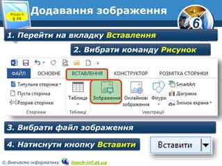 6
© Вивчаємо інформатику teach-inf.at.ua
Додавання зображення
1. Перейти на вкладку Вставлення
2. Вибрати команду Рисунок
3. Вибрати файл зображення
4. Натиснути кнопку Вставити
Розділ 4
§ 24
 