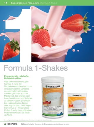 1
14             Basisprodukte / Programme | Formula 1-Shake




Formula 1-Shakes
Eine gesunde, nahrhafte
Mahlzeit im Glas!
Viele Menschen bevorzugen
Formula 1, denn der
Mahlzeitenersatz bietet nicht nur
ein ausgewogenes Verhältnis
an essenziellen Nährstoffen,
sondern gibt Ihnen auch die
Möglichkeit, Ihre Shakes nach
Ihren Bedürfnissen und Vorlieben
zu kreieren. Geben Sie einfach
Ihre Lieblingsfrüchte, Nüsse
oder Joghurt dazu. Oder fügen
Sie Formula 3 – Personalized
Protein Powder bei zusätzlichem
Proteinbedarf dazu. Sie haben
die Wahl!

Es	ist	wichtig,	eine	abwechslungsreiche	und	ausgewogene	Ernährung	und	einen	gesunden	Lebensstil	zu	pflegen.


                                      30 Jahre Herbalife: Menschen die Chance geben, einfach besser zu leben
 