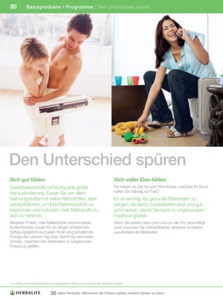 20             Basisprodukte / Programme | Den Unterschied spüren




Den Unterschied spüren
Sich gut fühlen                                                                                   Sich voller Elan fühlen
Gewichtskontrolle ist häufig eine große                                                           Sie haben nie Zeit für sich? Ihre Kinder und/oder Ihr Beruf
Herausforderung. Essen Sie vor allem                                                              halten Sie ständig auf Trab?
Nahrungsmittel mit vielen Nährstoffen, aber                                                       Es ist wichtig, für gesunde Mahlzeiten zu
wenig Kalorien, um Ihre Kalorienzufuhr zu                                                         sorgen, die leicht zuzubereiten sind und gut
begrenzen und trotzdem viele Nährstoffe zu                                                        schmecken, damit Sie nicht zu ungesundem
sich zu nehmen.                                                                                   Fastfood greifen.
Mageres Protein, viele Ballaststoffe und komplexe                                                 Wenn Sie extrem aktiv und rund um die Uhr beschäftigt
Kohlenhydrate sorgen für ein länger anhaltendes                                                   sind, brauchen Sie nährstoffreiche, einfache und leicht
Sättigungsgefühl und bieten Ihnen lang anhaltende                                                 zuzubereitende Mahlzeiten.
Energie den ganzen Tag über. Damit Sie vermeiden
können, zwischen den Mahlzeiten zu ungesunden
Snacks zu greifen.




Es	ist	wichtig,	eine	abwechslungsreiche	und	ausgewogene	Ernährung	und	einen	gesunden	Lebensstil	zu	pflegen.


                                      30 Jahre Herbalife: Menschen die Chance geben, einfach besser zu leben
 