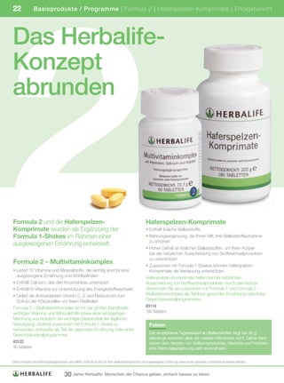 2
22             Basisprodukte / Programme | Formula 2 | Haferspelzen-Komprimate | Erfolgsbericht




Das Herbalife-
Konzept
abrunden




Formula 2 und die Haferspelzen-                                                                   Haferspelzen-Komprimate
Komprimate wurden als Ergänzung der                                                               • Enthält lösliche Ballaststoffe
Formula 1-Shakes im Rahmen einer                                                                  • Nahrungsergänzung, die Ihnen hilft, Ihre Ballaststoffaufnahme
                                                                                                    zu erhöhen
ausgewogenen Ernährung entwickelt.
                                                                                                  • Hoher Gehalt an löslichen Ballaststoffen, um Ihren Körper
                                                                                                    bei der natürlichen Ausscheidung von Stoffwechselprodukten
                                                                                                    zu unterstützen
Formula 2 – Multivitaminkomplex                                                                   • Zusammen mit Formula 1-Shakes können Haferspelzen-
• Liefert 12 Vitamine und Mineralstoffe, die wichtig sind für eine                                  Komprimate die Verdauung unterstützen
  ausgewogene Ernährung und Wohlbefinden                                                          Haferspelzen-Komprimate helfen bei der natürlichen
• Enthält Calcium, das den Knochenbau unterstützt                                                 Ausscheidung von Stoffwechselprodukten durch den Körper.
• Enthält B-Vitamine zur Unterstützung des Energiestoffwechsels                                   Verwenden Sie sie zusammen mit Formula 1 und Formula 2 –
• Liefert die Antioxidantien Vitamin C, E und Betacarotin zum                                     Multivitaminkomplex als Teil Ihrer gesunden Ernährung oder Ihres
  Schutz der Körperzellen vor freien Radikalen                                                    Gewichtskontrollprogrammes.
Formula 2 – Multivitaminkomplex ist mit der großen Bandbreite                                     #3114
wichtiger Vitamine und Mineralstoffe sowie einer einzigartigen                                    180	Tabletten
Mischung aus Kräutern ein wichtiger Bestandteil der täglichen
Versorgung. Optimal zusammen mit Formula 1-Shake zu                                                 Fakten
verwenden, entweder als Teil der gesunden Ernährung oder eines
Gewichtskontrollprogrammes.                                                                         Der empfohlene Tagesbedarf an Ballaststoffen liegt bei 30 g,
                                                                                                    allerdings erreichen dies die meisten Menschen nicht. Daher kann
#3122                                                                                               neben dem Verzehr von Vollkornprodukten, Gemüse und Früchten
90	Tabletten	                                                                                       eine Nahrungsergänzung sehr sinnvoll sein.


Diese	Produkte	sind	Nahrungsergänzungen	und	sollten	nicht	als	Ersatz	für	eine	abwechslungsreiche	und	ausgewogene	Ernährung	sowie	einen	gesunden	Lebensstil	verwendet	werden.


                                     30 Jahre Herbalife: Menschen die Chance geben, einfach besser zu leben
 