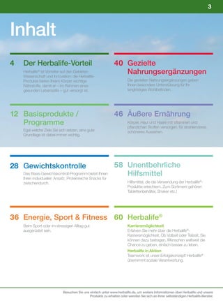 3



Inhalt
4   Der Herbalife-Vorteil                                     40 Gezielte
    Herbalife ist Vorreiter auf den Gebieten
            ®

    Wissenschaft und Innovation: die Herbalife-
                                                                 Nahrungsergänzungen
    Produkte bieten Ihrem Körper wichtige                             Die gezielten Nahrungsergänzungen geben
    Nährstoffe, damit er – im Rahmen eines                            Ihnen besondere Unterstützung für Ihr
    gesunden Lebensstils – gut versorgt ist.                          langfristiges Wohlbefinden.




12 Basisprodukte /                                            46 Äußere Ernährung
   Programme                                                          Körper, Haut und Haare mit Vitaminen und
                                                                      pflanzlichen Stoffen versorgen, für strahlenderes,
    Egal welche Ziele Sie sich setzen, eine gute                      schöneres Aussehen.
    Grundlage ist dabei immer wichtig.




28 Gewichtskontrolle                                          58 Unentbehrliche
    Das Basis-Gewichtskontroll-Programm bietet Ihnen             Hilfsmittel
    Ihren individuellen Ansatz. Proteinreiche Snacks für
    zwischendurch.                                                    Hilfsmittel, die die Verwendung der Herbalife®-
                                                                      Produkte erleichtern. Zum Sortiment gehören
                                                                      Tablettenbehälter, Shaker etc.!




36 Energie, Sport & Fitness 60 Herbalife®
    Beim Sport oder im stressigen Alltag gut                          Karrieremöglichkeit
    ausgerüstet sein.                                                 Erfahren Sie mehr über die Herbalife®-
                                                                      Karrieremöglichkeit. Ob Vollzeit oder Teilzeit, Sie
                                                                      können dazu beitragen, Menschen weltweit die
                                                                      Chance zu geben, einfach besser zu leben.
                                                                      Herbalife in Aktion
                                                                      Teamwork ist unser Erfolgskonzept! Herbalife®
                                                                      übernimmt soziale Verantwortung.




                            Besuchen Sie uns einfach unter www.herbalife.de, um weitere Informationen über Herbalife und unsere
                                             Produkte zu erhalten oder wenden Sie sich an Ihren selbständigen Herbalife-Berater.
 