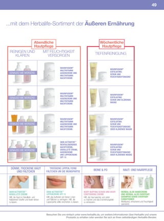 49



...mit dem Herbalife-Sortiment der Äußeren Ernährung


             Abendliche                                                                                Wöchentliche
             Hautpflege                                                                                 Hautpflege
 REINIGEN UND    MIT FEUCHTIGKEIT                                                                 TIEFENREINIGUNG
    KLÄREN          VERSORGEN


                                                           NOURIFUSION®
                                                                                                                  NOURIFUSION®
                                                           MULTIVITAMIN
                                                                                                                  EXFOLIATING
 GENAUSO	WIE	MORGENS                                       AUGENCREME UND
                                                                                                                  SCRUB UND
                                                           MULTIVITAMIN
                                                                                                                  FEUCHTIGKEITSMASKE
                                                           NACHTCREME




                                                           NOURIFUSION®
                                                                                                                  NOURIFUSION®
                                                           MULTIVITAMIN
 GENAUSO	WIE	MORGENS                                                                                              EXFOLIATING
                                                           AUGENCREME UND
                                                                                                                  SCRUB UND KLÄRENDE
                                                           MULTIVITAMIN
                                                                                                                  MASKE
                                                           NACHTCREME




                                                           NOURIFUSION®                                           NOURIFUSION®
                                                           MULTIVITAMIN                                           EXFOLIATING
 GENAUSO	WIE	MORGENS                                       AUGENCREME UND                                         SCRUB UND
                                                           MULTIVITAMIN                                           FEUCHTIGKEITSMASKE
                                                           NACHTCREME                                             ODER KLÄRENDE MASKE




                                                           SKIN ACTIVATOR™
                                                           REVITALISIERENDE                                       NOURIFUSION®
                                                           NACHTCREME,                                            EXFOLIATING
 GENAUSO	WIE	MORGENS                                       DEKOLLETÉ CREME,                                       SCRUB UND
                                                           AUGENCREME                                             FEUCHTIGKEITSMASKE
                                                           UND LIPPENCREME                                        ODER KLÄRENDE MASKE
                                                           SPF 15




   DÜNNE, TROCKENE HAUT                      TROCKENE LIPPEN, FEINE
                                                                                                BEINE & PO                   HAUT- UND HAARPFLEGE
      UND FÄLTCHEN                        FÄLTCHEN UM DIE MUNDPARTIE




 SKIN ACTIVATOR™                          SKIN ACTIVATOR™                             BODY BUFFING SCRUB UND BODY          HERBAL ALOE HANDCREME
 DEKOLLETÉ CREME                          LIPPENCREME SPF 15                          CONTOURING CREME                     UND HERBAL ALOE EVERYDAY
 Hilft, die Haut im Dekolleté- und        Hilft, das Auftreten von feinen Linien      Hilft, die Haut weicher und zarter   SHAMPOO SOWIE EVERYDAY
 Halsbereich straffer und fester wirken   und Fältchen zu verringern. Hilft, die      zu machen und das Erscheinungsbild   CONDITIONER
 zu lassen.                               Lippenpartie voller erscheinen zu lassen.   zu verbessern.                       Wohltuend, erfrischend und Feuchtigkeit
                                                                                                                           spendend.



                                          Besuchen Sie uns einfach unter www.herbalife.de, um weitere Informationen über Herbalife und unsere
                                                           Produkte zu erhalten oder wenden Sie sich an Ihren selbständigen Herbalife-Berater.
 