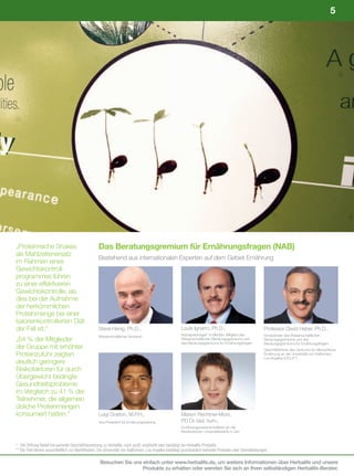 5




„Proteinreiche Shakes                                 Das Beratungsgremium für Ernährungsfragen (NAB)
als Mahlzeitenersatz
                                                      Bestehend aus internationalen Experten auf dem Gebiet Ernährung
im Rahmen eines
Gewichtskontroll-
programmes führen
zu einer effektiveren
Gewichtskontrolle, als
dies bei der Aufnahme
der herkömmlichen
Proteinmenge bei einer
kalorienkontrollierten Diät
der Fall ist.“                                        Steve Henig, Ph.D.,                                   Louis Ignarro, Ph.D.,                                 Professor David Heber, Ph.D.,
                                                      Wissenschaftlicher Vorstand                           Nobelpreisträger* in Medizin. Mitglied des            Vorsitzender des Wissenschaftlichen
„64 % der Mitglieder                                                                                        Wissenschaftlichen Beratungsgremiums und
                                                                                                            des Beratungsgremiums für Ernährungsfragen
                                                                                                                                                                  Beratungsgremiums und des
                                                                                                                                                                  Beratungsgremiums für Ernährungsfragen.
der Gruppe mit erhöhter                                                                                                                                           Geschäftsführer des Zentrums für Menschliche
Proteinzufuhr zeigten                                                                                                                                             Ernährung an der Universität von Kalifornien,
                                                                                                                                                                  Los Angeles (UCLA**)
deutlich geringere
Risikofaktoren für durch
Übergewicht bedingte
Gesundheitsprobleme
im Vergleich zu 41 % der
Teilnehmer, die allgemein
übliche Proteinmengen
konsumiert hatten.“                                   Luigi Gratton, M.P.H.,                                Marion Flechtner-Mors,
                                                      Vice President für Ernährungstraining                 PD Dr. biol. hum.,
                                                                                                            Ernährungswissenschaftlerin an der
                                                                                                            Medizinischen Universitätsklinik in Ulm


*	 Die	Stiftung	Nobel	hat	keinerlei	Geschäftsbeziehung	zu	Herbalife,	noch	prüft,	empfiehlt	oder	bestätigt	sie	Herbalife-Produkte.
**	Die	Titel	dienen	ausschließlich	zur	Identifikation.	Die	Universität	von	Kalifornien,	Los	Angeles	bestätigt	grundsätzlich	keinerlei	Produkte	oder	Dienstleistungen.	

                                                       Besuchen Sie uns einfach unter www.herbalife.de, um weitere Informationen über Herbalife und unsere
                                                                        Produkte zu erhalten oder wenden Sie sich an Ihren selbständigen Herbalife-Berater.
 