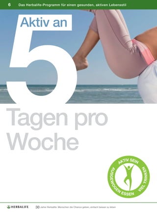 5
6   Das Herbalife-Programm für einen gesunden, aktiven Lebensstil




    Aktiv an




Tagen pro
Woche
                                                                                        TIV SEIN
                                                                                      AK
                                                                                                      RIN K E N
                                                                              AU
                                                                             SGEWO




                                                                                                   LT




                                                                                  EN
                                                                                G




                                                                                                   IE




                                                                                       E S SE N    V



             30 Jahre Herbalife: Menschen die Chance geben, einfach besser zu leben
 