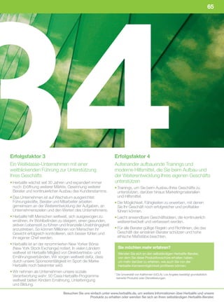 34
                                                                                                                                                   65




Erfolgsfaktor 3                                                    Erfolgsfaktor 4
Ein Weltklasse-Unternehmen mit einer                               Aufeinander aufbauende Trainings und
weitblickenden Führung zur Unterstützung                           moderne Hilfsmittel, die Sie beim Aufbau und
Ihres Geschäfts                                                    der Weiterentwicklung Ihres eigenen Geschäfts
• Herbalife wächst seit 30 Jahren und expandiert immer             unterstützen
  noch: Eröffnung weiterer Märkte, Gewinnung weiterer              • Trainings, um Sie beim Ausbau Ihres Geschäfts zu
  Berater und kontinuierlicher Ausbau des Kundenstamms.              unterstützen, darüber hinaus Marketingmaterialien
• Das Unternehmen ist auf Wachstum ausgerichtet:                     und Hilfsmittel.
  Führungskräfte, Berater und Mitarbeiter arbeiten                 • Die Möglichkeit, Fähigkeiten zu erwerben, mit denen
  gemeinsam an der Weiterentwicklung der Aufgaben, an                Sie Ihr Geschäft noch erfolgreicher und profitabler
  Unternehmenszielen und den Werten des Unternehmens.                führen können.
• Herbalife hilft Menschen weltweit, sich ausgewogen zu            • Leicht anwendbare Geschäftsideen, die kontinuierlich
  ernähren, ihr Wohlbefinden zu steigern, einen gesunden,            weiterentwickelt und verbessert werden.
  aktiven Lebensstil zu führen und finanzielle Unabhängigkeit
  anzustreben. So können Millionen von Menschen ihr                • Für alle Berater gültige Regeln und Richtlinien, die das
  Gewicht erfolgreich kontrollieren, sich besser fühlen und          Geschäft der einzelnen Berater schützen und hohe
  ihr eigener Chef werden.                                           ethische Maßstäbe beachten.
• Herbalife ist an der renommierten New Yorker Börse
  (New York Stock Exchange) notiert. In vielen Ländern               Sie möchten mehr erfahren?
  weltweit ist Herbalife Mitglied von Direktvertriebs- und           Wenden Sie sich an den selbständigen Herbalife-Berater,
  Ernährungsverbänden. Wir sorgen weltweit dafür, dass               von dem Sie diese Produktbroschüre erhalten haben,
  durch unsere Sponsorentätigkeit im Sport die Marke                 um mehr darüber zu erfahren, wie auch Sie von der
  Herbalife noch bekannter wird.                                     Herbalife-Karrieremöglichkeit profitieren können.
• Wir nehmen als Unternehmen unsere soziale
                                                                   * Die Universität von Kalifornien (UCLA), Los Angeles bestätigt grundsätzlich
  Verantwortung wahr: 50 Casa Herbalife-Programme                    keinerlei Produkte oder Dienstleistungen.
  weltweit bieten Kindern Ernährung, Unterbringung
  und Bildung.

                                 Besuchen Sie uns einfach unter www.herbalife.de, um weitere Informationen über Herbalife und unsere
                                                  Produkte zu erhalten oder wenden Sie sich an Ihren selbständigen Herbalife-Berater.
 