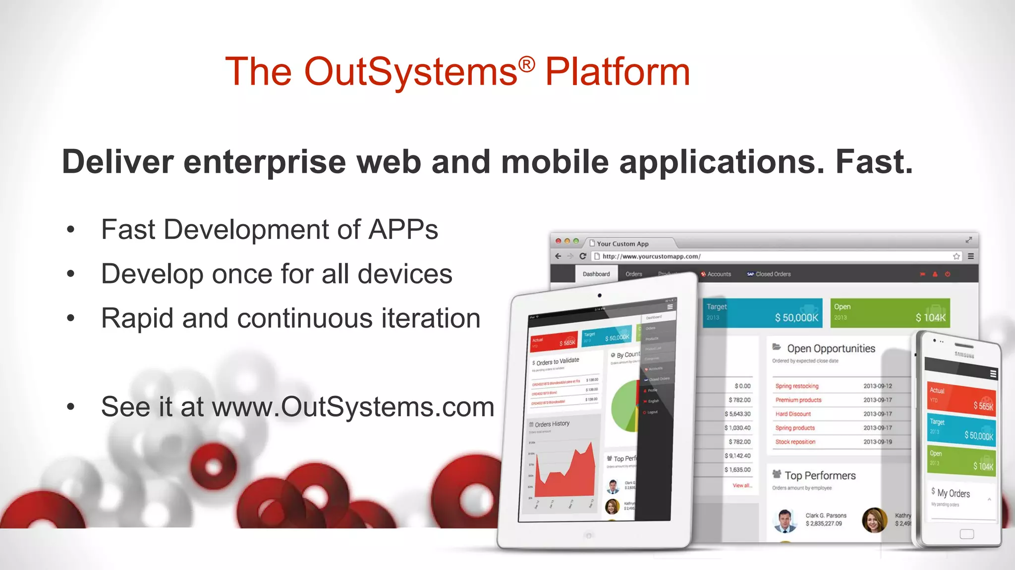 The OutSystems®
Platform
Deliver enterprise web and mobile applications. Fast.
• Fast Development of APPs
• Develop once for all devices
• Rapid and continuous iteration
• See it at www.OutSystems.com
 