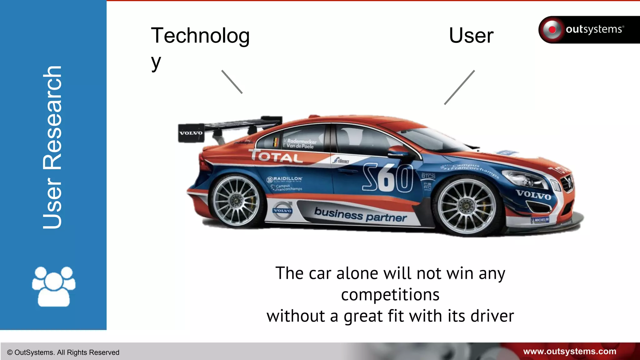 www.outsystems.com© OutSystems. All Rights Reserved
UserTechnolog
y
The car alone will not win any
competitions
without a great fit with its driver
UserResearch
 