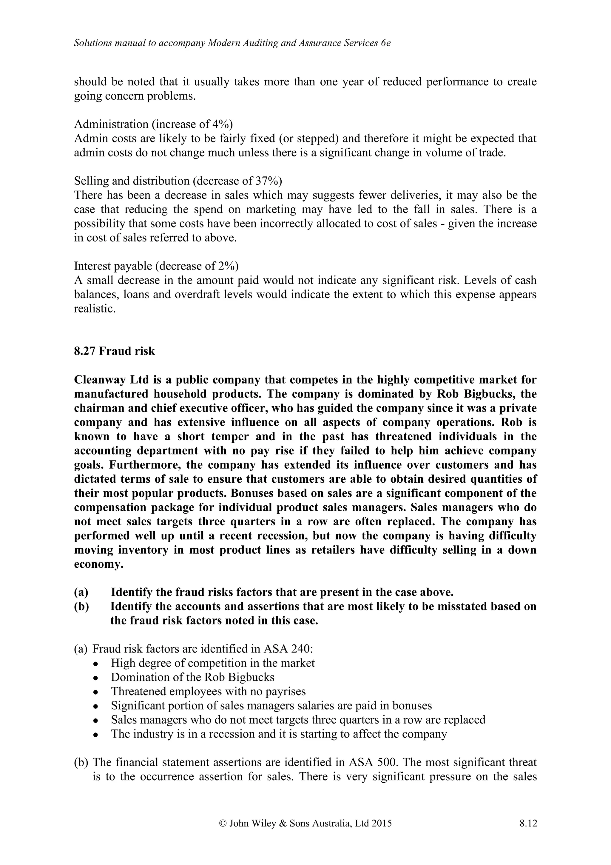 Solutions manual to accompany Modern Auditing and Assurance Services 6e
© John Wiley & Sons Australia, Ltd 2015 8.12
should be noted that it usually takes more than one year of reduced performance to create
going concern problems.
Administration (increase of 4%)
Admin costs are likely to be fairly fixed (or stepped) and therefore it might be expected that
admin costs do not change much unless there is a significant change in volume of trade.
Selling and distribution (decrease of 37%)
There has been a decrease in sales which may suggests fewer deliveries, it may also be the
case that reducing the spend on marketing may have led to the fall in sales. There is a
possibility that some costs have been incorrectly allocated to cost of sales - given the increase
in cost of sales referred to above.
Interest payable (decrease of 2%)
A small decrease in the amount paid would not indicate any significant risk. Levels of cash
balances, loans and overdraft levels would indicate the extent to which this expense appears
realistic.
8.27 Fraud risk
Cleanway Ltd is a public company that competes in the highly competitive market for
manufactured household products. The company is dominated by Rob Bigbucks, the
chairman and chief executive officer, who has guided the company since it was a private
company and has extensive influence on all aspects of company operations. Rob is
known to have a short temper and in the past has threatened individuals in the
accounting department with no pay rise if they failed to help him achieve company
goals. Furthermore, the company has extended its influence over customers and has
dictated terms of sale to ensure that customers are able to obtain desired quantities of
their most popular products. Bonuses based on sales are a significant component of the
compensation package for individual product sales managers. Sales managers who do
not meet sales targets three quarters in a row are often replaced. The company has
performed well up until a recent recession, but now the company is having difficulty
moving inventory in most product lines as retailers have difficulty selling in a down
economy.
(a) Identify the fraud risks factors that are present in the case above.
(b) Identify the accounts and assertions that are most likely to be misstated based on
the fraud risk factors noted in this case.
(a) Fraud risk factors are identified in ASA 240:
● High degree of competition in the market
● Domination of the Rob Bigbucks
● Threatened employees with no payrises
● Significant portion of sales managers salaries are paid in bonuses
● Sales managers who do not meet targets three quarters in a row are replaced
● The industry is in a recession and it is starting to affect the company
(b) The financial statement assertions are identified in ASA 500. The most significant threat
is to the occurrence assertion for sales. There is very significant pressure on the sales
 