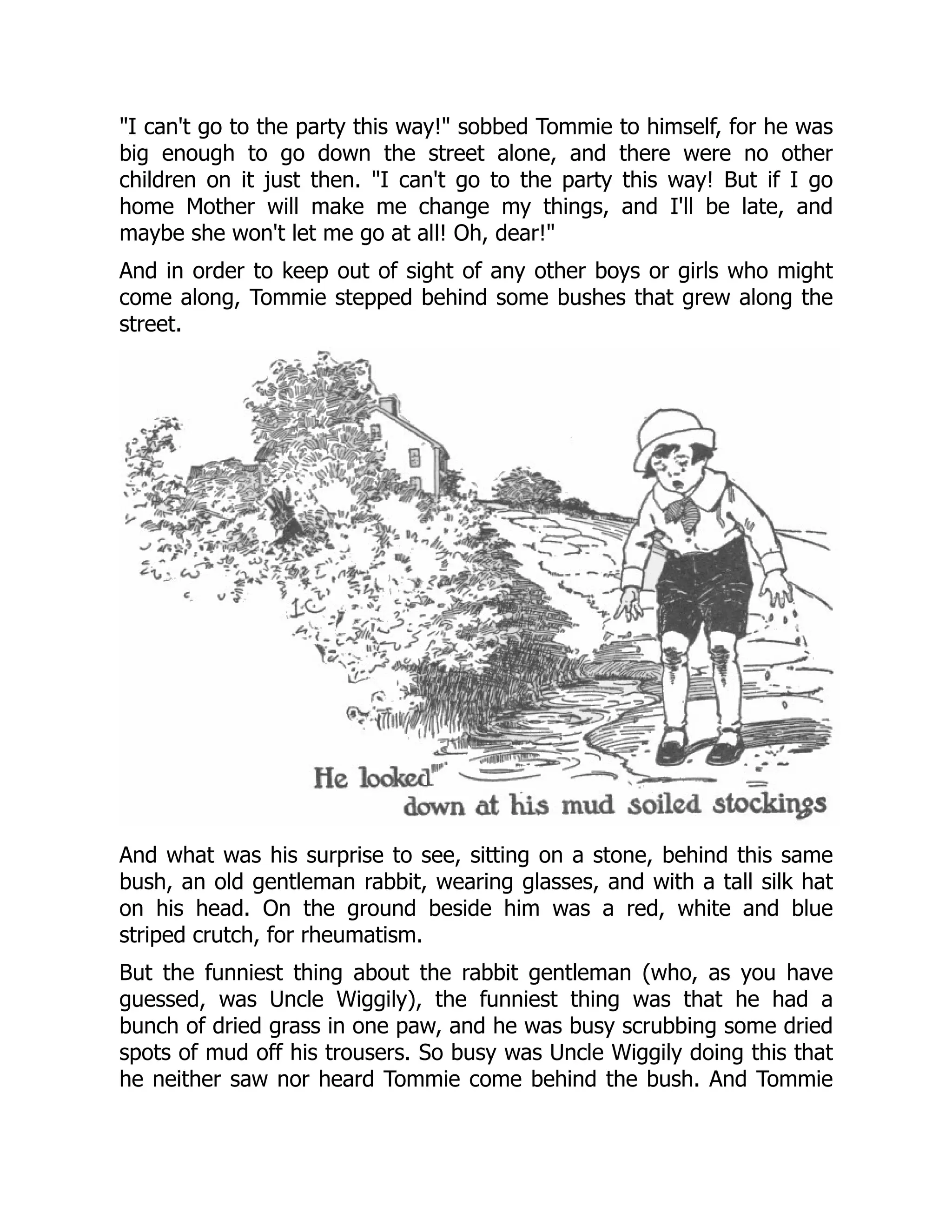 "I can't go to the party this way!" sobbed Tommie to himself, for he was
big enough to go down the street alone, and there were no other
children on it just then. "I can't go to the party this way! But if I go
home Mother will make me change my things, and I'll be late, and
maybe she won't let me go at all! Oh, dear!"
And in order to keep out of sight of any other boys or girls who might
come along, Tommie stepped behind some bushes that grew along the
street.
And what was his surprise to see, sitting on a stone, behind this same
bush, an old gentleman rabbit, wearing glasses, and with a tall silk hat
on his head. On the ground beside him was a red, white and blue
striped crutch, for rheumatism.
But the funniest thing about the rabbit gentleman (who, as you have
guessed, was Uncle Wiggily), the funniest thing was that he had a
bunch of dried grass in one paw, and he was busy scrubbing some dried
spots of mud off his trousers. So busy was Uncle Wiggily doing this that
he neither saw nor heard Tommie come behind the bush. And Tommie
 