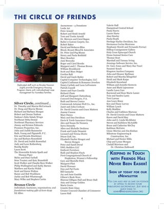 4
Silver Circle, continued...
Dr. Timothy and Marcia McCormack
Dr. Doug and Marcia Moran
Richard and Barbara Morgan
Robert and Denise Nadeau
Nadeau’s Subs Salads Wraps
Northeast Delta Dental
Northeast Pharmacy Services
Jimmy and Kristen Palizzolo
Premiere Properties, Inc.
John and Judith Ransmeier
Rath, Young and Pignatelli, P.C.
Eric and Brenda Rinehimer
Jay and Barbara Rosenfield
Dr. David and Judith Rosenthal
Judy and Leon Rothenberg
Ruedig Realty
Laura Scott
The Honorable Kristin Spath and
	 Thomas Piper
Myles and Dani Tarbell
Sean Toomey and Katy Bransfield
Scott Walker and Claudia Boys Walker
Philip Wallingford and Kathy Barnes
Matthew and Kavita Walsh
Scott and Karen Walton
Ranee and Bob Washburn
Jackie and Bob Whatmough
Mary Wilke and Stephen Curtin
Bronze Circle
Individuals, businesses, organizations, and
foundations making gifts of $100-$249
Ed Albro
Anonymous - 4 Donations
Leslie Ari
Peter Arnold
Robert and Heidi Arnold
Tom and Tootie Arnold
Dr. Merwyn and Carol Bagan
Bailey’s Custom Carpets, Inc.
Robert Baker
David and Rebecca Bliss
Blood, Bryant-Blood & Associates
Dr. Peter and Peg Blume
Henry and Paula Bothfeld
Mary Boucher
Jane Brezosky
Roger and Carol Brooks
Margaret and C. Thomas Brown
William Brunkhorst
Scott and Mary Bulger
Gordon Bult
David and Gayle Butler
Capital Computer Technologies, LLC
Capitol Craftsman & Romance Jewelers
Nancy Carlisle and Leon LeFreniere
Patrick Cassell
James and Faye Cassidy
Richard Chute
Jeff and Margaret Clattenburg
Concord Oral Surgery, P.A.
Ruth and Steven Coneys
Contoocook Artesian Well Co., Inc.
Janet and John Corkum
Dr. David Coursin and Grace Mattern
Jeanne Cusson
Mary Danca
Mary and Dan Davidson
Davis & Towle Insurance Group
Alex and Susan De Nesnera
Sarra Dennehy
Allen and Michelle Desbiens
Frank and Linda Dessaint
Leonard and Teresa Diorio
Dixon Golf, Inc.
Elizabeth Durfee Hengen and
	 Steven Hengen
Peter and Sandi Duval
DWL Builders LLC
Endicott Furniture
Ruth and Stephen Finch
First Congregational Church of
	 Hopkinton, Women’s Fellowship
Gary and Marielle Fitch
Margaret Flint
David Florence
Don and Pat Foote
Bill Gamache
Jay and Jane Gamble
Gibson’s Book Store
Shawna Gilligan-Hall and Bruce Hall
Amy and George Golden
Marie Gouin
Granite State Glass
Greater Concord Chamber of Commerce
Laura Hall
Valerie Hall
Hampstead Central School
Paula Harris
Laurie Harte
Alan Hawley
Paula Heath
Heritage Harley-Davidson, Inc.
Hermanos Cocina Mexicana
Stephanie Hewitt and Fernando Ferruci
Hilltop Consignment Gallery
Holy Cross Episcopal Church
Home Instead Senior Care
Thomas Hoyt
Marshall and Tammy Irving
Jennings Software Service, Inc.
Dr. Gary Jones and Mary-Sue Tuuri
Suzanne Keach
Kingston Auction Company
John and Eleanor Kjellman
Robert and Marsha Klingebiel
Heidi and Mark Knipe
Elizabeth Knowland
William and Jennifer Kretovic
Anne and Mark Lajeunesse
Landis Lawn Care
Raymond and Rose Marie Lanier
Tom and Sandra Lantz
Terri Lareau
Ann Leary Rines
Ken and Diane Lurvey
William Lynch
Kelly Madden
Charles and Cathleen Martone
Dr. David Coursin and Grace Mattern
Karen and David May
John and G. Linda McAllister
Steven and Kathleen McAuliffe
Bruce and Catherine McCloy
Kathleen McGuire
Ginny Mierins and Jim Kinhan
Milestone Engineering &
	 Construction, Inc.
Michael and Hester Mills
Chip and Lynne Morgan
Cindall Morrison and
	 Dr. Christian Hallowell
Dedicated staff such as Brooke Noonan
(right) provide Emergency Housing
Program clients with individualized case
management for homeless families.
THE CIRCLE OF FRIENDS
Keeping in Touch
with Friends Has
Never Been Easier!
Sign up today for our
eNewsletter
You can also help us save on postage
by opting to receive future
publications electronically. Just send a
quick e-mail to
admin@friendsprogram.org
 