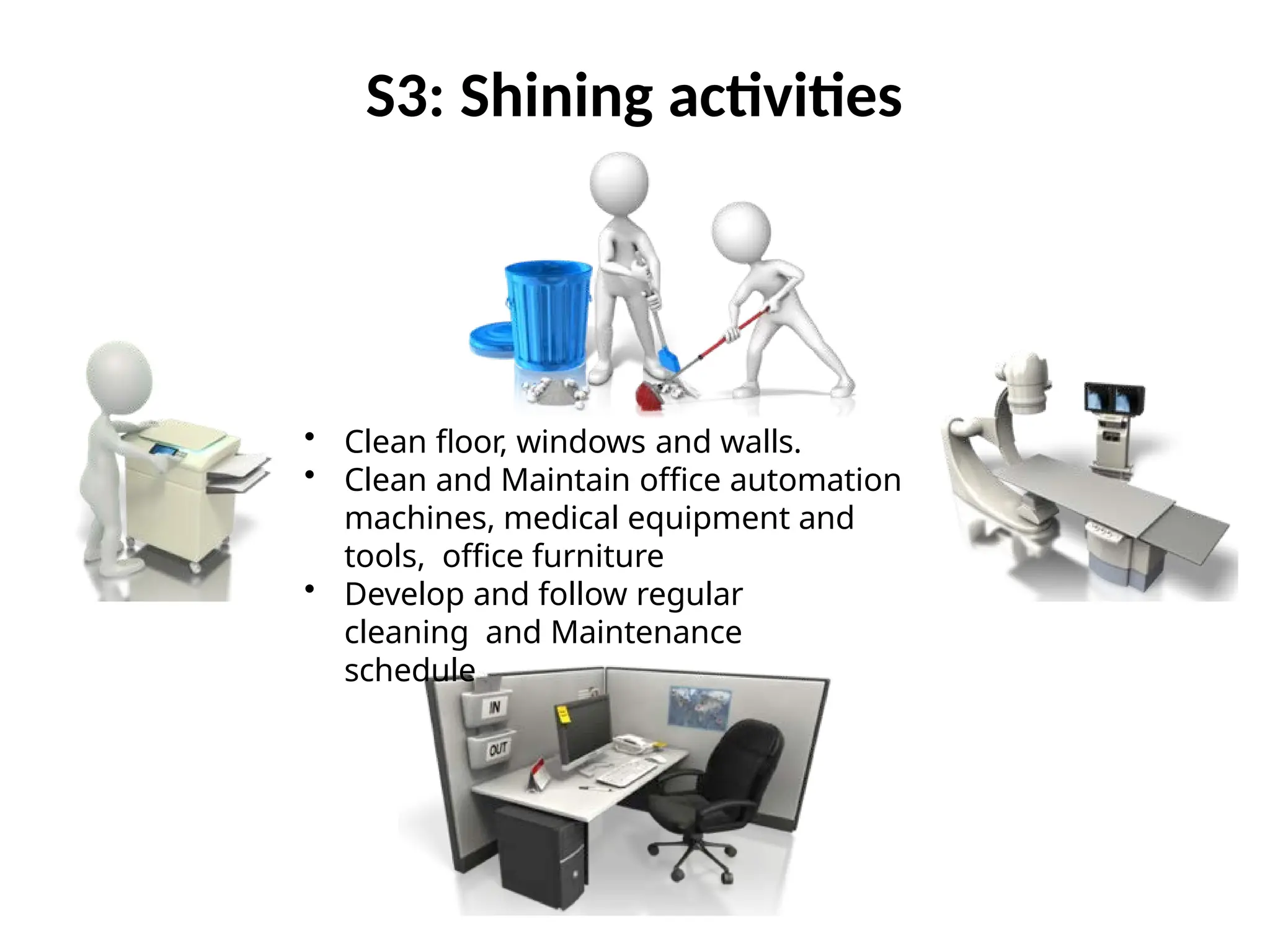S3: Shining activities
• Clean floor, windows and walls.
• Clean and Maintain office automation
machines, medical equipment and
tools, office furniture
• Develop and follow regular
cleaning and Maintenance
schedule
 