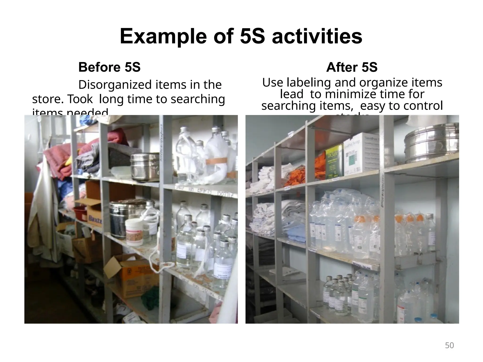 Example of 5S activities
Before 5S
Disorganized items in the
store. Took long time to searching
items needed
After 5S
Use labeling and organize items
lead to minimize time for
searching items, easy to control
stocks
50
 
