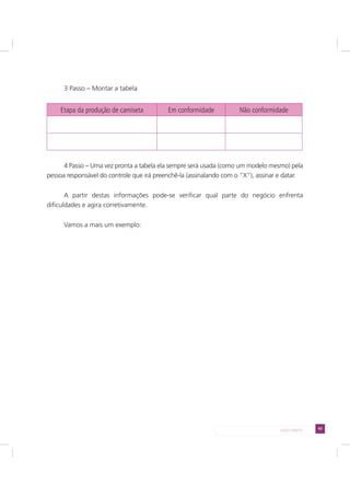 43LADO DIREITO
3 Passo – Montar a tabela
Etapa da produção de camiseta Em conformidade Não conformidade
4 Passo – Uma vez pronta a tabela ela sempre será usada (como um modelo mesmo) pela
pessoa responsável do controle que irá preenchê-la (assinalando com o “X”), assinar e datar.
A partir destas informações pode-se verificar qual parte do negócio enfrenta
dificuldades e agira corretivamente.
Vamos a mais um exemplo:
 