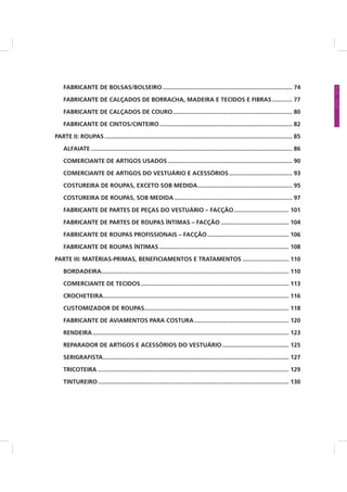 FABRICANTE DE BOLSAS/BOLSEIRO .............................................................................. 74
FABRICANTE DE CALÇADOS DE BORRACHA, MADEIRA E TECIDOS E FIBRAS ............ 77
FABRICANTE DE CALÇADOS DE COURO........................................................................ 80
FABRICANTE DE CINTOS/CINTEIRO................................................................................ 82
PARTE II: ROUPAS................................................................................................................. 85
ALFAIATE ......................................................................................................................... 86
COMERCIANTE DE ARTIGOS USADOS........................................................................... 90
COMERCIANTE DE ARTIGOS DO VESTUÁRIO E ACESSÓRIOS...................................... 93
COSTUREIRA DE ROUPAS, EXCETO SOB MEDIDA......................................................... 95
COSTUREIRA DE ROUPAS, SOB MEDIDA....................................................................... 97
FABRICANTE DE PARTES DE PEÇAS DO VESTUÁRIO – FACÇÃO................................. 101
FABRICANTE DE PARTES DE ROUPAS ÍNTIMAS – FACÇÃO ......................................... 104
FABRICANTE DE ROUPAS PROFISSIONAIS – FACÇÃO ................................................. 106
FABRICANTE DE ROUPAS ÍNTIMAS .............................................................................. 108
PARTE III: MATÉRIAS-PRIMAS, BENEFICIAMENTOS E TRATAMENTOS ............................ 110
BORDADEIRA................................................................................................................. 110
COMERCIANTE DE TECIDOS ......................................................................................... 113
CROCHETEIRA................................................................................................................ 116
CUSTOMIZADOR DE ROUPAS....................................................................................... 118
FABRICANTE DE AVIAMENTOS PARA COSTURA......................................................... 120
RENDEIRA ...................................................................................................................... 123
REPARADOR DE ARTIGOS E ACESSÓRIOS DO VESTUÁRIO ........................................ 125
SERIGRAFISTA................................................................................................................ 127
TRICOTEIRA ................................................................................................................... 129
TINTUREIRO................................................................................................................... 130
 