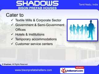Tamil Nadu, India



Cater to
   Textile Mills & Corporate Sector
   Government & Semi-Government
    Offices
   Hotels...