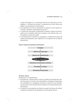 OS GRANDES SUBSISTEMAS   113




   nização (vide figura 6), a comunicação eficaz de tais expectativas aos em-
   pregados e a obtenção de aceitação e compromisso por parte destes para
   adaptar seus desempenhos às expectativas.
2. O acompanhamento ativo do desempenho, ao longo do ciclo de gestão, ob-
   servando e apoiando o desempenho das pessoas.
3. A avaliação do desempenho, comparando os modelos e objetivos do desem-
   penho com os resultados. Pode estar vinculada, como indicado antes, a ou-
   tras políticas ou práticas de GRH.
4. A retroalimentação ou feedback ao empregado, e a elaboração de planos de
   melhora do desempenho, que se ligariam ao ciclo seguinte, em sua etapa de
   planejamento.


Figura 6. Esquema de gestão do desempenho

                                  Estratégia

                          Objetivos da organização

                        Objetivos da unidade/direção

                           Gestão do desempenho

                    Resultados do desempenho individual

                           Resultados da unidade

                         Resultados da organização



d) Pontos críticos
Planejamento e acompanhamento
■  Normalmente, a direção define as pautas ou padrões do desempenho espe-
   rado das pessoas, de acordo com as prioridades e estratégias da organização.
   Em conseqüência, os empregados conhecem os aspectos de sua contribui-
   ção pelos quais serão especificamente avaliados em um determinado perío-
   do de tempo.
■  Os objetivos do desempenho são fixados no quadro dos planos de melhora
   resultante da avaliação do desempenho do ciclo de gestão anterior.
 