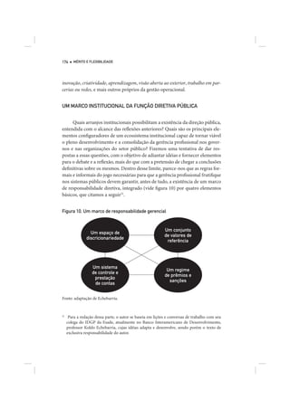 174     MÉRITO E FLEXIBILIDADE




inovação, criatividade, aprendizagem, visão aberta ao exterior, trabalho em par-
cerias ou redes, e mais outros próprios da gestão operacional.


UM MARCO INSTITUCIONAL DA FUNÇÃO DIRETIVA PÚBLICA


     Quais arranjos institucionais possibilitam a existência da direção pública,
entendida com o alcance das reflexões anteriores? Quais são os principais ele-
mentos configuradores de um ecossistema institucional capaz de tornar viável
o pleno desenvolvimento e a consolidação da gerência profissional nos gover-
nos e nas organizações do setor público? Fizemos uma tentativa de dar res-
postas a essas questões, com o objetivo de adiantar idéias e fornecer elementos
para o debate e a reflexão, mais do que com a pretensão de chegar a conclusões
definitivas sobre os mesmos. Dentro desse limite, parece-nos que as regras for-
mais e informais do jogo necessárias para que a gerência profissional frutifique
nos sistemas públicos devem garantir, antes de tudo, a existência de um marco
de responsabilidade diretiva, integrado (vide figura 10) por quatro elementos
básicos, que citamos a seguir21.


Figura 10. Um marco de responsabilidade gerencial


                                                            Um conjunto
                  Um espaço de
                                                            de valores de
                discricionariedade
                                                             referência




                   Um sistema
                                                             Um regime
                   de controle e
                                                            de prêmios e
                    prestação
                                                              sanções
                    de contas


Fonte: adaptação de Echebarria.


21
      Para a redação dessa parte, o autor se baseia em lições e conversas de trabalho com seu
     colega do IDGP da Esade, atualmente no Banco Interamericano de Desenvolvimento,
     professor Koldo Echebarria, cujas idéias adapta e desenvolve, sendo porém o texto de
     exclusiva responsabilidade do autor.
 