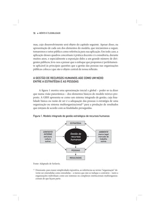 78      MÉRITO E FLEXIBILIDADE




mas, cujo desenvolvimento será objeto do capítulo seguinte. Apesar disso, na
apresentação de cada um dos elementos do modelo, que iniciaremos a seguir,
tomaremos o setor público como referência para sua aplicação. Em todo caso, a
aplicação desses quadros conceituais à prática docente e à consultoria, durante
muitos anos, e especialmente a exposição deles a um grande número de diri-
gentes públicos, leva-nos a pensar que o enfoque que propomos é perfeitamen-
te aplicável às principais questões que a gestão das pessoas nas organizações
públicas coloca e que são o objeto central de nossa reflexão.


A GESTÃO DE RECURSOS HUMANOS AGE COMO UM NEXO
ENTRE A ESTRATÉGIA E AS PESSOAS


     A figura 1 mostra uma aproximação inicial e global – poder-se-ia dizer
que numa visão panorâmica – dos elementos básicos do modelo teórico pro-
posto. A GRH apresenta-se como um sistema integrado de gestão, cuja fina-
lidade básica ou razão de ser é a adequação das pessoas à estratégia de uma
organização ou sistema multiorganizacional12 para a produção de resultados
que estejam de acordo com as finalidades perseguidas.

Figura 1. Modelo integrado de gestão estratégica de recursos humanos

                                         ESTRATÉGIA



             CONTEXTO                                                  AMBIENTE
              INTERNO                     Gestão de                    marco legal
              estrutura                   recursos                     mercado de
               cultura                    humanos                       trabalho
                outros                                                   outros



                                           PESSOAS


                                         RESULTADOS

Fonte: Adaptado de Serlavós.

12
     Doravante, para maior simplicidade expositiva, as referências ao termo “organização” de-
     verão ser entendidas como estendidas – a menos que não se indique o contrário – tanto a
     organizações individuais como aos sistemas ou complexos institucionais multiorganiza-
     cionais de que façam parte.
 