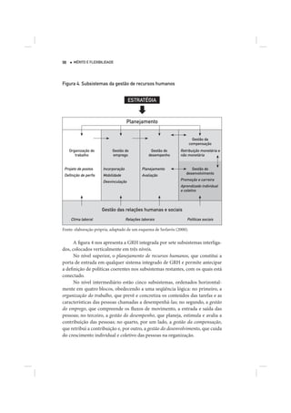 98     MÉRITO E FLEXIBILIDADE




Figura 4. Subsistemas da gestão de recursos humanos


                                       ESTRATÉGIA


                                      Planejamento


                                                                          Gestão da
                                                                        compensação
     Organização do         Gestão do               Gestão do   Retribuição monetária e
        trabalho            emprego                desempenho   não monetária


 Projeto de postos     Incorporação            Planejamento           Gestão do
 Deﬁnição de perﬁs     Mobilidade              Avaliação           desenvolvimento

                       Desvinculação                            Promoção e carreira
                                                                Aprendizado individual
                                                                e coletivo



                      Gestão das relações humanas e sociais
     Clima laboral                    Relações laborais             Políticas sociais

Fonte: elaboração própria, adaptado de um esquema de Serlavós (2000).


      A figura 4 nos apresenta a GRH integrada por sete subsistemas interliga-
dos, colocados verticalmente em três níveis.
      No nível superior, o planejamento de recursos humanos, que constitui a
porta de entrada em qualquer sistema integrado de GRH e permite antecipar
a definição de políticas coerentes nos subsistemas restantes, com os quais está
conectado.
      No nível intermediário estão cinco subsistemas, ordenados horizontal-
mente em quatro blocos, obedecendo a uma seqüência lógica: no primeiro, a
organização do trabalho, que prevê e concretiza os conteúdos das tarefas e as
características das pessoas chamadas a desempenhá-las; no segundo, a gestão
do emprego, que compreende os fluxos de movimento, a entrada e saída das
pessoas; no terceiro, a gestão do desempenho, que planeja, estimula e avalia a
contribuição das pessoas; no quarto, por um lado, a gestão da compensação,
que retribui a contribuição e, por outro, a gestão do desenvolvimento, que cuida
do crescimento individual e coletivo das pessoas na organização.
 