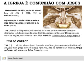 A IGREJA É COMUNHÃO COM JESUS
«Permanecei em Mim, como Eu em vós
[...]. Eu sou a cepa, vós os
ramos» (Jo 15,4-5).
«Quem come a minha Carne e bebe o
meu Sangue permanece em Mim e Eu
nele» (Jo 6,56).
788. Quando a sua presença visível lhes foi tirada, Jesus não deixou órfãos os
discípulos. [...] «Comunicando o seu Espírito aos seus irmãos, por Ele reunidos de
todas as nações, constituiu-os seu Corpo Místico». (Um só corpo; Cabeça; Esposa)
“UM SÓ CORPO”
790. [...] «Todos vós que fostes batizados em Cristo, fostes revestidos de Cristo. Não
há judeu nem grego, não há escravo nem livre, não há homem nem mulher; porque
todos vós sois um só, em Cristo Jesus» (Gl 3,27-28).
 