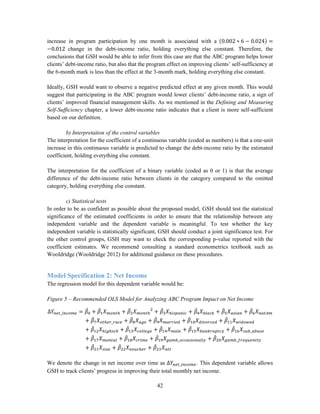 42
increase in program participation by one month is associated with a (0.002 ∗ 6 − 0.024) =
−0.012 change in the debt-income ratio, holding everything else constant. Therefore, the
conclusions that GSH would be able to infer from this case are that the ABC program helps lower
clients’ debt-income ratio, but also that the program effect on improving clients’ self-sufficiency at
the 6-month mark is less than the effect at the 3-month mark, holding everything else constant.
Ideally, GSH would want to observe a negative predicted effect at any given month. This would
suggest that participating in the ABC program would lower clients’ debt-income ratio, a sign of
clients’ improved financial management skills. As we mentioned in the Defining and Measuring
Self-Sufficiency chapter, a lower debt-income ratio indicates that a client is more self-sufficient
based on our definition.
b) Interpretation of the control variables
The interpretation for the coefficient of a continuous variable (coded as numbers) is that a one-unit
increase in this continuous variable is predicted to change the debt-income ratio by the estimated
coefficient, holding everything else constant.
The interpretation for the coefficient of a binary variable (coded as 0 or 1) is that the average
difference of the debt-income ratio between clients in the category compared to the omitted
category, holding everything else constant.
c) Statistical tests
In order to be as confident as possible about the proposed model, GSH should test the statistical
significance of the estimated coefficients in order to ensure that the relationship between any
independent variable and the dependent variable is meaningful. To test whether the key
independent variable is statistically significant, GSH should conduct a joint significance test. For
the other control groups, GSH may want to check the corresponding p-value reported with the
coefficient estimates. We recommend consulting a standard econometrics textbook such as
Wooldridge (Wooldridge 2012) for additional guidance on these procedures.
Model Specification 2: Net Income
The regression model for this dependent variable would be:
Figure 5 – Recommended OLS Model for Analyzing ABC Program Impact on Net Income
∆𝑌𝑛𝑒𝑡_𝑖𝑛𝑐𝑜𝑚𝑒 = 𝛽̂0 + 𝛽̂1 𝑋 𝑚𝑜𝑛𝑡ℎ + 𝛽̂2 𝑋 𝑚𝑜𝑛𝑡ℎ
2
+ 𝛽̂3 𝑋ℎ𝑖𝑠𝑝𝑎𝑛𝑖𝑐 + 𝛽̂4 𝑋 𝑏𝑙𝑎𝑐𝑘 + 𝛽̂5 𝑋 𝑎𝑠𝑖𝑎𝑛 + 𝛽̂6 𝑋 𝑛𝑎𝑡𝐴𝑚
+ 𝛽̂7 𝑋 𝑜𝑡ℎ𝑒𝑟_𝑟𝑎𝑐𝑒 + 𝛽̂8 𝑋 𝑎𝑔𝑒 + 𝛽̂9 𝑋 𝑚𝑎𝑟𝑟𝑖𝑒𝑑 + 𝛽̂10 𝑋 𝑑𝑖𝑣𝑜𝑟𝑐𝑒𝑑 + 𝛽̂11 𝑋 𝑤𝑖𝑑𝑜𝑤𝑒𝑑
+ 𝛽̂12 𝑋ℎ𝑖𝑔ℎ𝑠𝑐ℎ + 𝛽̂13 𝑋𝑐𝑜𝑙𝑙𝑒𝑔𝑒 + 𝛽̂14 𝑋 𝑚𝑎𝑙𝑒 + 𝛽̂15 𝑋 𝑏𝑎𝑛𝑘𝑟𝑢𝑝𝑡𝑐𝑦 + 𝛽̂16 𝑋𝑠𝑢𝑏_𝑎𝑏𝑢𝑠𝑒
+ 𝛽̂17 𝑋 𝑚𝑒𝑛𝑡𝑎𝑙 + 𝛽̂18 𝑋𝑐𝑟𝑖𝑚𝑒 + 𝛽̂19 𝑋 𝑔𝑎𝑚𝑏_𝑜𝑐𝑐𝑎𝑠𝑖𝑜𝑛𝑎𝑙𝑙𝑦 + 𝛽̂20 𝑋 𝑔𝑎𝑚𝑏_𝑓𝑟𝑒𝑞𝑢𝑒𝑛𝑡𝑙𝑦
+ 𝛽̂21 𝑋𝑠𝑖𝑧𝑒 + 𝛽̂22 𝑋 𝑣𝑜𝑢𝑐ℎ𝑒𝑟 + 𝛽̂23 𝑋 𝑎𝑡𝑡
We denote the change in net income over time as ∆𝑌𝑛𝑒𝑡_𝑖𝑛𝑐𝑜𝑚𝑒. This dependent variable allows
GSH to track clients’ progress in improving their total monthly net income.
 