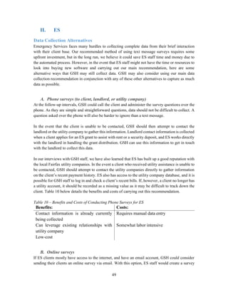 49
II. ES
Data Collection Alternatives
Emergency Services faces many hurdles to collecting complete data from their brief interaction
with their client base. Our recommended method of using text message surveys requires some
upfront investment, but in the long run, we believe it could save ES staff time and money due to
the automated process. However, in the event that ES staff might not have the time or resources to
look into buying new software and carrying out our main recommendation, here are some
alternative ways that GSH may still collect data. GSH may also consider using our main data
collection recommendation in conjunction with any of these other alternatives to capture as much
data as possible.
A. Phone surveys (to client, landlord, or utility company)
At the follow-up intervals, GSH could call the client and administer the survey questions over the
phone. As they are simple and straightforward questions, data should not be difficult to collect. A
question asked over the phone will also be harder to ignore than a text message.
In the event that the client is unable to be contacted, GSH should then attempt to contact the
landlord or the utility company to gather this information. Landlord contact information is collected
when a client applies for an ES grant to assist with rent or a security deposit, and ES works directly
with the landlord in handling the grant distribution. GSH can use this information to get in touch
with the landlord to collect this data.
In our interviews with GSH staff, we have also learned that ES has built up a good reputation with
the local Fairfax utility companies. In the event a client who received utility assistance is unable to
be contacted, GSH should attempt to contact the utility companies directly to gather information
on the client’s recent payment history. ES also has access to the utility company database, and it is
possible for GSH staff to log in and check a client’s recent bills. If, however, a client no longer has
a utility account, it should be recorded as a missing value as it may be difficult to track down the
client. Table 10 below details the benefits and costs of carrying out this recommendation.
Table 10 – Benefits and Costs of Conducting Phone Surveys for ES
Benefits: Costs:
Contact information is already currently
being collected
Requires manual data entry
Can leverage existing relationships with
utility company
Somewhat labor intensive
Low-cost
B. Online surveys
If ES clients mostly have access to the internet, and have an email account, GSH could consider
sending their clients an online survey via email. With this option, ES staff would create a survey
 
