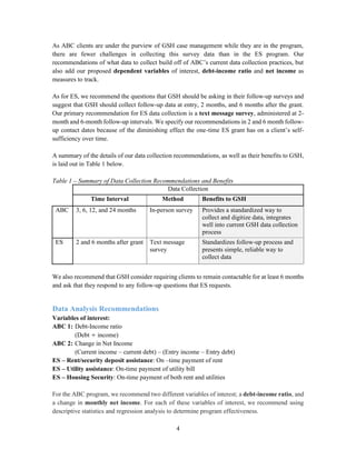 4
As ABC clients are under the purview of GSH case management while they are in the program,
there are fewer challenges in collecting this survey data than in the ES program. Our
recommendations of what data to collect build off of ABC’s current data collection practices, but
also add our proposed dependent variables of interest, debt-income ratio and net income as
measures to track.
As for ES, we recommend the questions that GSH should be asking in their follow-up surveys and
suggest that GSH should collect follow-up data at entry, 2 months, and 6 months after the grant.
Our primary recommendation for ES data collection is a text message survey, administered at 2-
month and 6-month follow-up intervals. We specify our recommendations in 2 and 6 month follow-
up contact dates because of the diminishing effect the one-time ES grant has on a client’s self-
sufficiency over time.
A summary of the details of our data collection recommendations, as well as their benefits to GSH,
is laid out in Table 1 below.
Table 1 – Summary of Data Collection Recommendations and Benefits
Data Collection
Time Interval Method Benefits to GSH
ABC 3, 6, 12, and 24 months In-person survey Provides a standardized way to
collect and digitize data, integrates
well into current GSH data collection
process
ES 2 and 6 months after grant Text message
survey
Standardizes follow-up process and
presents simple, reliable way to
collect data
We also recommend that GSH consider requiring clients to remain contactable for at least 6 months
and ask that they respond to any follow-up questions that ES requests.
Data Analysis Recommendations
Variables of interest:
ABC 1: Debt-Income ratio
(Debt ÷ income)
ABC 2: Change in Net Income
(Current income – current debt) – (Entry income – Entry debt)
ES – Rent/security deposit assistance: On –time payment of rent
ES – Utility assistance: On-time payment of utility bill
ES – Housing Security: On-time payment of both rent and utilities
For the ABC program, we recommend two different variables of interest; a debt-income ratio, and
a change in monthly net income. For each of these variables of interest, we recommend using
descriptive statistics and regression analysis to determine program effectiveness.
 