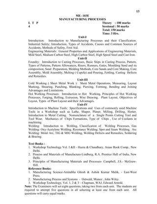 Introduction to Machine Tools: Specifications and Uses of commonly used Machine
Tools in a Workshop such as Lathe, Shaper, Planer, Milling, Drilling, Slotter,
Introduction to Metal Cutting. Nomenclature of a Single Points Cutting Tool and
Tool Wear. Mechanics of Chips Formations, Type of Chips , Use of Coolants in
machining.
Welding: Introduction to Welding, Classification of Welding Processes, Gas
Welding: Oxy-Acetylene Welding, Resistance Welding; Spot and Seam Welding, Arc
Welding: Metal Arc, TIG & MIG Welding, Welding Defects and Remedies, Soldering
& Brazing.
Text Books :
1. Workshop Technology Vol. I &II - Hazra & Chaudhary, Asian Book Comp., New
Delhi.
2. Process and Materials of Manufacture-Lindberg, R.A. Prentice Hall of India, New
Delhi.
3. Principles of Manufacturing Materials and Processes- Campbell, J.S.- McGraw-
Hill.
Reference Books:
1. Manufacturing Science-Amitabha Ghosh & Ashok Kumar Malik, - East-West
Press.
2. Manufacturing Process and Systems - Ostwald, Munoz , John Wiley.
3. Workshop Technology, Vol. 1, 2 & 3 – Chapman, WAJ, Edward Arnold.
Note: The Examiners will set eight questions, taking two from each unit. The students are
required to attempt five questions in all selecting at least one from each unit. All
questions will carry equal marks.
Plant Layout, Objectives ofProcesses, Forging, Rolling, Extrusion, Wire Drawing.
Layout, Types of Plant Layout and their Advantages.
Unit-IV
13
ME- 103E
MANUFACTURING PROCESSES
L T P Theory : 100 marks
4 Sessional : 50 marks
Total: 150 marks
Time: 3 Hrs.
Unit-I
Introduction: Introduction to Manufacturing Processes and their Classification.
Industrial Safety; Introduction, Types of Accidents, Causes and Common Sources of
Accidents, Methods of Safety, First Aid.
Engineering Materials: General Properties and Applications of Engineering Materials,
Mild Steel, Medium Carbon Steel, High Carbon Steel, High Speed Steel and Cast Iron.
Unit-II
Foundry: Introduction to Casting Processes, Basic Steps in Casting Process, Pattern,
Types of Patterns, Pattern Allowances, Risers, Runners, Gates, Moulding Sand and its
composition, Sand Preparation, Molding Methods, Core Sands and Core Making, Core
Assembly, Mold Assembly, Melting ( Cupola) and Pouring, Fettling, Casting Defects
and Remedies.
Unit-III
Cold Working ( Sheet Metal Work ): Sheet Metal Operations, Measuring, Layout
Marking, Shearing, Punching, Blanking, Piercing, Forming, Bending and Joining
Advantages and Limitations.
Hot Working Processes: Introduction to Hot Working, Principles of Hot Working
 