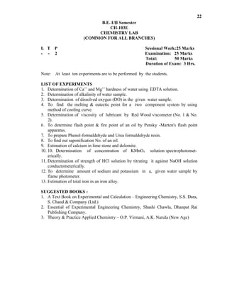 22
B.E. I/II Semester
CH-103E
CHEMISTRY LAB
(COMMON FOR ALL BRANCHES)
L T P Sessional Work:25 Marks
- - 2 Examination: 25 Marks
Total: 50 Marks
Duration of Exam: 3 Hrs.
Note: At least ten experiments are to be performed by the students.
LIST OF EXPERIMENTS
1. Determination of Ca++
and Mg++
hardness of water using EDTA solution.
2. Determination of alkalinity of water sample.
3. Determination of dissolved oxygen (DO) in the given water sample.
4. To find the melting & eutectic point for a two component system by using
method of cooling curve.
5. Determination of viscosity of lubricant by Red Wood viscometer (No. 1 & No.
2).
6. To determine flash point & fire point of an oil by Pensky -Marten's flash point
apparatus.
7. To prepare Phenol-formaldehyde and Urea formaldehyde resin.
8. To find out saponification No. of an oil.
9. Estimation of calcium in lime stone and dolomite.
10. 10. Determination of concentration of KMnO4 solution spectrophotomet-
1. A Text Book on Experimental and Calculation – Engineering Chemistry, S.S. Dara,
S. Chand & Company (Ltd.)
2. Essential of Experimental Engineering Chemistry, Shashi Chawla, Dhanpat Rai
Publishing Company.
3. Theory & Practice Applied Chemistry – O.P. Virmani, A.K. Narula (New Age)
in a, given water sample by
conductometerically.
12. To determine amount of sodium and potassium
flame photometer.
13. Estimation of total iron in an iron alloy.
SUGGESTED BOOKS :
it against NaOH solution
erically.
11. Determination of strength of HCl solution by titrating
 