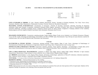 UNITS STANDARDS & ERRORS: S.I. units, Absolute standards (International, Primary, Secondary & Working Standards), True Value, Errors (Gross,
Systematic, Random); Static Characteristic of Instruments (Accuracy, Precision, Sensitivity, Resolution & threshold).
MEASURING SYSTEM FUNDAMENTALS: Classification of Instruments (Absolute & Secondary Instruments; Indicating, Recording & Integrating
instruments; Based upon Principle of operation), Generalized Instrument (Block diagram, description of blocks), three forces in Electromechanical indicating
instrument (Deflecting, controlling & damping forces), Comparison between gravity & spring controls; Comparison of damping methods & their suitability,
bearing supports, pivot-less supports (Simple & taut-band), Scale information, Instrument cases (Covers).
UNIT-III
MEASURING INSTRUMENTS : Construction, operating principle, Torque equation, Shape of scale, use as Ammeter or as Voltmeter (Extension of Range),
Use on AC/DC or both, Advantages & disadvantages, Errors (Both on AC/DC) of PMMC types, Electrodynamic Type, Moving iron type (attraction, repulsion &
combined types), Hot wire type & Induction type, Electrostatic type Instruments.
UNIT-III
WATTMETERS & ENEGRY METERS : Construction, operating principle, Torque equation, Shape of scale, Errors, Advantages & Disadvantages of
Electrodynamics & Induction type Wattmeters; & single phase induction type Energy meter, Compensation & creep in energy meter.
POWER FACTOR & FREQUENCY METERS: Construction, operation, principle, Torque equation, Advantages & disadvantages of Single phase power
factor meters (Electrodynamics & Moving Iron types) & Frequency meters (Electrical Resonance Type, Ferrodynamic & Electrodynamics types).
UNIT-IV
LOW & HIGH RESISTANCE MEASUREMENTS: Limitations of Wheat stone bridge; Kelvin’s double bridge method, Difficulties in high resistance
measurements, Measurement of high resistance by direct deflection, loss of charge method, Megohm bridge & Meggar.
A.C. BRIDGES: General balance =n, Ckt. diagram, Phasor diagram, Advantages, disadvantages, applications of Maxwell’s inductance, inductance-capacitance,
Hays, Anderson, Owens, De-Sauty’s, Schering & Weins bridges, Shielding & earthing.
TEXT BOOK: 1. A Course in Elect. & Electronic Measurement & Instrumentation by A. K. Sawhney; Khanna Pub.
REFERENCE BOOKS: 1. Electrical Measurements by E.W. Golding
2. Electronic & Elect. Measurement & Instrumentation by J.B.Gupta; Kataria & Sons.
3. Electronic Instrumentation & Measurement Technique, W.D.Cooper & A.D. Helfrick.
4. Measuring Systems by E.O. Doeblin; TMH.
NOTE: Eight questions are to be set in total covering entire course selecting two questions from each unit. Each question will be of equal marks. Students will be
required to attempt five questions in all, selecting at least one question from each unit.
10
EE-209-E ELECTRICAL MEASUREMENTS & MEASURING INSTRUMENTS
L T P Sessional
3 1 0 Exam
Total
Duration of Exam
UNIT-I
:50
:100
:150
:3hrs
Marks
Marks
Marks
 