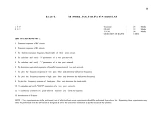 DURATION OF EXAM : 3 HRS
LIST OF EXPERIMENTS :
1. Transient response of RC circuit.
2. Transient response of RL circuit.
3. To find the resonance frequency, Band width of RLC series circuit.
4. To calculate and verify "Z" parameters of a two port network.
5. To calculate and verify "Y" parameters of a two port network.
6. To determine equivalent parameter of parallel connections of two port network.
7. To plot the frequency response of low pass filter and determine half-power frequency.
8. To plot the frequency response of high pass filter and determine the half-power frequency.
9. To plot the frequency response of band-pass filter and determine the band-width.
10. To calculate and verify "ABCD" parameters of a two port network.
11. To synthesize a network of a given network function and verify its response.
12. Introduction of P-Spice
NOTE : Ten experiments are to be performed, out of which at least seven experiments should be performed from above list. Remaining three experiments may
either be performed from the above list or designed & set by the concerned institution as per the scope of the syllabus.
14
: 25 Marks
: 25 Marks
: 50 Marks
EE-217-E NETWORK ANALYSIS AND SYNTHESIS LAB
L T P Sessional
0 0 2 EXAM
TOTAL
 
