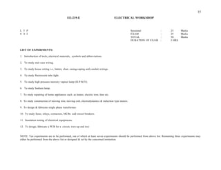 DURATION OF EXAM : 3 HRS
LIST OF EXPERIMENTS:
1. Introduction of tools, electrical materials, symbols and abbreviations.
2. To study stair case wiring.
3. To study house wiring i.e., batten, cleat, casing-caping and conduit wirings.
4. To study fluorescent tube light.
5. To study high pressure mercury vapour lamp (H.P.M.V).
6. To study Sodium lamp.
7. To study repairing of home appliances such as heater, electric iron, fans etc.
8. To study construction of moving iron, moving coil, electrodynamics & induction type meters.
9. To design & fabricate single phase transformer.
10. To study fuses, relays, contactors, MCBs and circuit breakers.
11. Insulation testing of electrical equipments.
12. To design, fabricate a PCB for a circuit, wire-up and test.
NOTE: Ten experiments are to be performed, out of which at least seven experiments should be performed from above list. Remaining three experiments may
either be performed from the above list or designed & set by the concerned institution.
15
: 25 Marks
: 25 Marks
: 50 Marks
EE-219-E ELECTRICAL WORKSHOP
L T P Sessional
0 0 2 EXAM
TOTAL
 