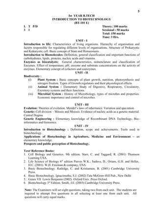 5
Ist YEAR B.TECH
INTRODUCTION TO BIOTECHNOLOGY
(BT-101 E)
L T P/D Theory: 100 marks
3 1 Sessional : 50 marks
Total: 150 marks
Time: 3 Hrs.
UNIT - I
Introduction to life: Characteristics of living organisms. Hierarchy of organisation and
factors responsible for regulating different levels of organisations. Structure of Prokaryotic
and Kukaryotic cell. Basic concept of State and Homeostasis.
Introduction to Biomolecules: Definition, general classification and important functions of
carbohydrates, lipids, proteins, nucleic acids and vitamins.
Enzymes as biocatalysts: General characteristics, nomenclature and classification of
Enzymes. Effect of temperature, pH, enzyme and substrate concentrations on the activity of
enzymes. Elementary concept of cofactors and coenzymes.
UNIT - II
Biodiversity :
(i) Plant System : Basic concepts of plant growth, nutrition, photosynthesis and
nitrogen fixation. Types of Growth regulators and their physiological effects.
(ii) Animal System : Elementary Study of Digestive, Respiratory, Circulatory,
Excretory systems and their functions.
(iii) Microbial System : History of Microbiology, types of microbes and properties.
Economic importance and control of microbes.
UNIT - III
Evolution: Theories of evolution. Mendel’s laws of inheritance. Variation and speciation.
Genetic: Cell division – Mitosis and Meiosis. Evidence of nucleic acids as a genetic material.
Central Dogma.
Genetic Engineering : Elementary knowledge of Recombinant DNA Technology, Bio-
informatics and Genomics.
UNIT – IV
Introduction to Biotechnology : Definition, scope and achievements. Tools used in
1. Cell Biology and Genetics. 9th edition. Starr, C. and Taggard; R. (2001) Thomson
Learning USA.
2. Life Science of Biology 6th
edition Purves W.K.; Sadava, D.; Orians, G.H. and Heller,
H.C. (2001). W.H. Freeman & company, USA.
3. Basic Biotechnology. Ratledge, C. and Kristiansen, B. (2001) Cambridge University
Press.
4. Basic Biotechnology. Ignacimuthu, S.J. (2002) Tata McGraw-Hill Pub., New Delhi
5. Genes VII Lewis Benjamin (2002). Oxford Univ. Press Oxford.
6. Biotechnology 3rd
Edition. Smith, J.E. (2003) Cambridge University Press.
Note: The Examiners will set eight questions, taking two from each unit. The students are
required to attempt five questions in all selecting at least one from each unit. All
questions will carry equal marks.
Environment – an
biotechnology.
Applications of Biotechnology in Agriculture, Medicine and
elementary knowledge.
Prospects and public perception of Biotechnology.
Text/ Reference Books:
 
