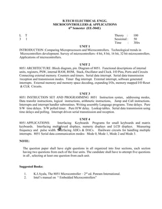 Time : 3Hrs
UNIT 1
INTRODUCTION :Comparing Microprocessors and Microcontrollers. Technological trends in
Microcontrollers development. Survey of microcontrollers- 4 bit, 8 bit, 16 bit, 32 bit microcontrollers.
Applications of microcontrollers.
UNIT 2
8051 ARCHITECTURE :Block diagram, pin. Diagram of 8051. Functional descriptions of internal
units, registers, PSW, internal RAM, ROM, Stack, Oscillator and Clock. I/O Pins, Ports and Circuits
Connecting external memory. Counters and timers. Serial data interrupt. Serial data transmission
/reception and transmission modes. Timer flag interrupt. External interrupt, software generated
interrupts. External memory and memory space decoding, expanding I/Os, memory mapped I/O Reset
& CLK Circuits.
UNIT 3
8051 INSTRUCTION SET AND PROGRAMMING :8051 Instruction syntax, addressing modes,
Data transfer instructions, logical instructions, arithmetic instructions, Jump and Call instructions.
Interrupts and interrupt handler subroutines. Writing assembly Language programs. Time delays. Pure
S/W time delays. S/W polled timer. Pure H/W delay. Lookup tables. Serial data transmission using
time delays and polling. Interrupt driven serial transmission and reception.
UNIT 4
8051 APPLICATIONS: Interfacing Keyboards Programs for small keyboards and matrix
keyboards. Interfacing multiplexed displays, numeric displays and LCD displays. Measuring
frequency and pulse width. Interfacing ADCs & DACs. Hardware circuits for handling multiple
interrupts. 8051 Serial data communication modes- Mode 0, Mode 1, Mode 2 and Mode 3.
NOTE:
The question paper shall have eight questions in all organized into four sections, each section
having two questions from each of the four units. The candidate shall have to attempt five questions
in all , selecting at least one question from each unit.
Suggested Books:
1. K.J.Ayala, The 8051 Microcontroller – 2nd
ed. Penram International.
2. Intel’s manual on “ Embedded Microcontrollers”
100
50
B.TECH ELECTRICAL ENGG.
MICROCONTROLLERS & APPLICATIONS
6th
Semester (EE-304E)
L T Theory :
3 1 Sessional :
 
