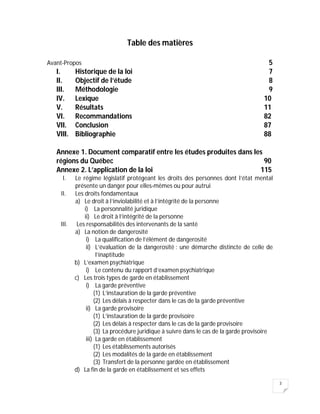 3
Table des matières
Avant-Propos 5
I. Historique de la loi 7
II. Objectif de l’étude 8
III. Méthodologie 9
IV. Lexique 10
V. Résultats 11
VI. Recommandations 82
VII. Conclusion 87
VIII. Bibliographie 88
Annexe 1. Document comparatif entre les études produites dans les
régions du Québec 90
Annexe 2. L’application de la loi 115
I. Le régime législatif protégeant les droits des personnes dont l’état mental
présente un danger pour elles-mêmes ou pour autrui
II. Les droits fondamentaux
a) Le droit à l’inviolabilité et à l’intégrité de la personne
i) La personnalité juridique
ii) Le droit à l’intégrité de la personne
III. Les responsabilités des intervenants de la santé
a) La notion de dangerosité
i) La qualification de l’élément de dangerosité
ii) L’évaluation de la dangerosité : une démarche distincte de celle de
l’inaptitude
b) L’examen psychiatrique
i) Le contenu du rapport d’examen psychiatrique
c) Les trois types de garde en établissement
i) La garde préventive
(1) L’instauration de la garde préventive
(2) Les délais à respecter dans le cas de la garde préventive
ii) La garde provisoire
(1) L’instauration de la garde provisoire
(2) Les délais à respecter dans le cas de la garde provisoire
(3) La procédure juridique à suivre dans le cas de la garde provisoire
iii) La garde en établissement
(1) Les établissements autorisés
(2) Les modalités de la garde en établissement
(3) Transfert de la personne gardée en établissement
d) La fin de la garde en établissement et ses effets
 