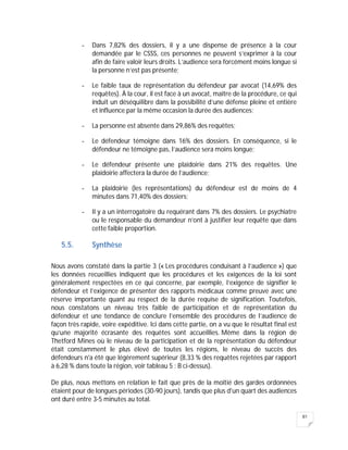 81
- Dans 7,82% des dossiers, il y a une dispense de présence à la cour
demandée par le CSSS, ces personnes ne peuvent s’exprimer à la cour
afin de faire valoir leurs droits. L’audience sera forcément moins longue si
la personne n’est pas présente;
- Le faible taux de représentation du défendeur par avocat (14,69% des
requêtes). À la cour, il est face à un avocat, maître de la procédure, ce qui
induit un déséquilibre dans la possibilité d’une défense pleine et entière
et influence par la même occasion la durée des audiences;
- La personne est absente dans 29,86% des requêtes;
- Le défendeur témoigne dans 16% des dossiers. En conséquence, si le
défendeur ne témoigne pas, l’audience sera moins longue;
- Le défendeur présente une plaidoirie dans 21% des requêtes. Une
plaidoirie affectera la durée de l’audience;
- La plaidoirie (les représentations) du défendeur est de moins de 4
minutes dans 71,40% des dossiers;
- Il y a un interrogatoire du requérant dans 7% des dossiers. Le psychiatre
ou le responsable du demandeur n’ont à justifier leur requête que dans
cette faible proportion.
5.5. Synthèse
Nous avons constaté dans la partie 3 (« Les procédures conduisant à l’audience ») que
les données recueillies indiquent que les procédures et les exigences de la loi sont
généralement respectées en ce qui concerne, par exemple, l’exigence de signifier le
défendeur et l’exigence de présenter des rapports médicaux comme preuve avec une
réserve importante quant au respect de la durée requise de signification. Toutefois,
nous constatons un niveau très faible de participation et de représentation du
défendeur et une tendance de conclure l’ensemble des procédures de l’audience de
façon très rapide, voire expéditive. Ici dans cette partie, on a vu que le résultat final est
qu’une majorité écrasante des requêtes sont accueillies. Même dans la région de
Thetford Mines où le niveau de la participation et de la représentation du défendeur
était constamment le plus élevé de toutes les régions, le niveau de succès des
défendeurs n'a été que légèrement supérieur (8,33 % des requêtes rejetées par rapport
à 6,28 % dans toute la région, voir tableau 5 : B ci-dessus).
De plus, nous mettons en relation le fait que près de la moitié des gardes ordonnées
étaient pour de longues périodes (30-90 jours), tandis que plus d'un quart des audiences
ont duré entre 3-5 minutes au total.
 