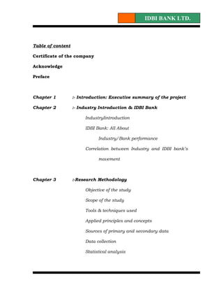 IDBI BANK LTD.



Table of content

Certificate of the company

Acknowledge

Preface



Chapter 1          :- Introduction: Executive summary of the project

Chapter 2          :- Industry Introduction & IDBI Bank

                        IndustryIintroduction

                        IDBI Bank: All About

                              Industry/Bank performance

                        Correlation between Industry and IDBI bank’s

                              movement



Chapter 3          :-Research Methodology

                        Objective of the study

                        Scope of the study

                        Tools & techniques used

                        Applied principles and concepts

                        Sources of primary and secondary data

                        Data collection

                        Statistical analysis
 