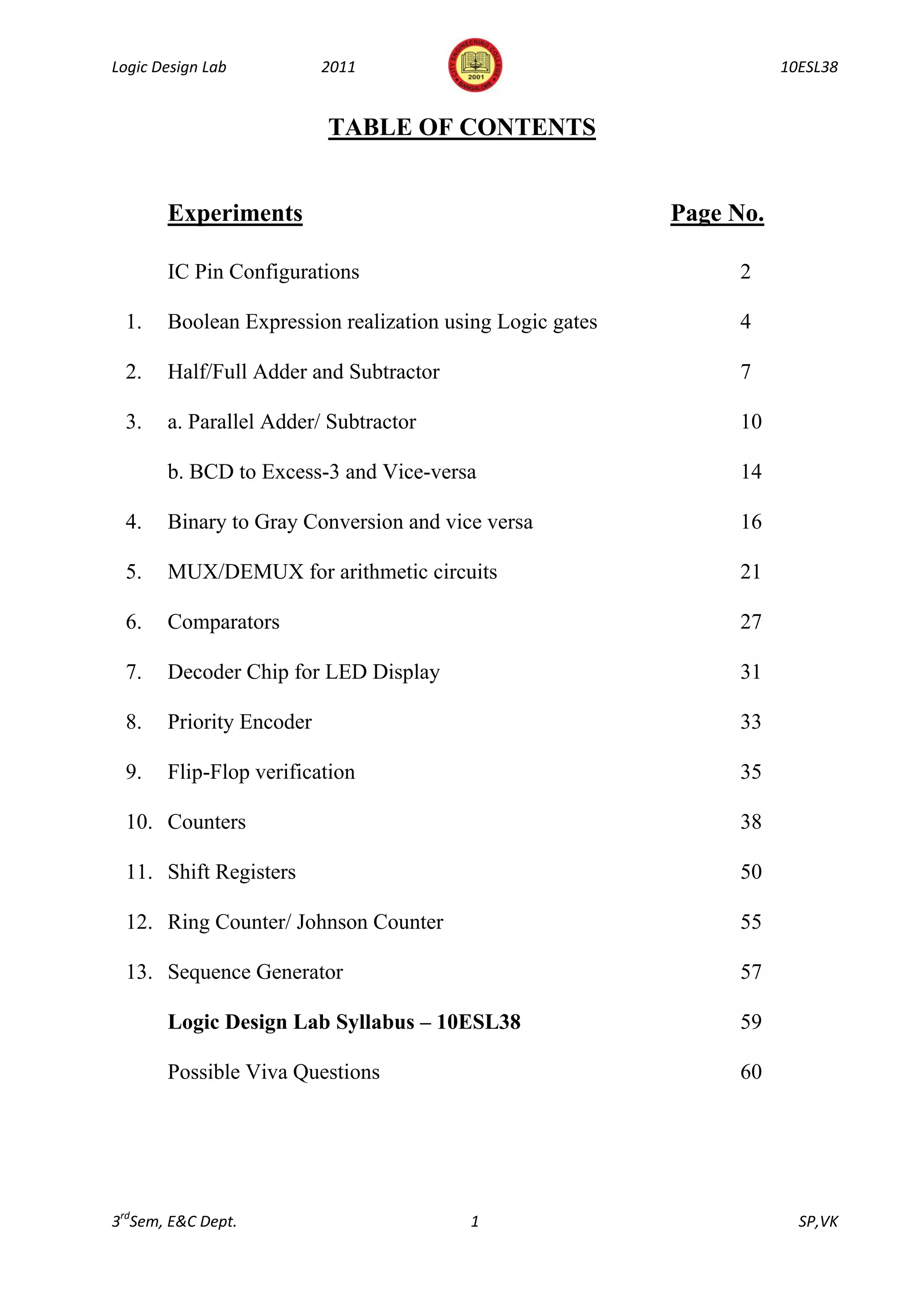 Logic Design Lab          2011                                       10ESL38


                          TABLE OF CONTENTS


       Experiments                                        Page No.

       IC Pin Configurations                                   2

 1.    Boolean Expression realization using Logic gates        4

 2.    Half/Full Adder and Subtractor                          7

 3.    a. Parallel Adder/ Subtractor                           10

       b. BCD to Excess-3 and Vice-versa                       14

 4.    Binary to Gray Conversion and vice versa                16

 5.    MUX/DEMUX for arithmetic circuits                       21

 6.    Comparators                                             27

 7.    Decoder Chip for LED Display                            31

 8.    Priority Encoder                                        33

 9.    Flip-Flop verification                                  35

 10. Counters                                                  38

 11. Shift Registers                                           50

 12. Ring Counter/ Johnson Counter                             55

 13. Sequence Generator                                        57

       Logic Design Lab Syllabus – 10ESL38                     59

       Possible Viva Questions                                 60




3rdSem, E&C Dept.                       1                              SP,VK
 