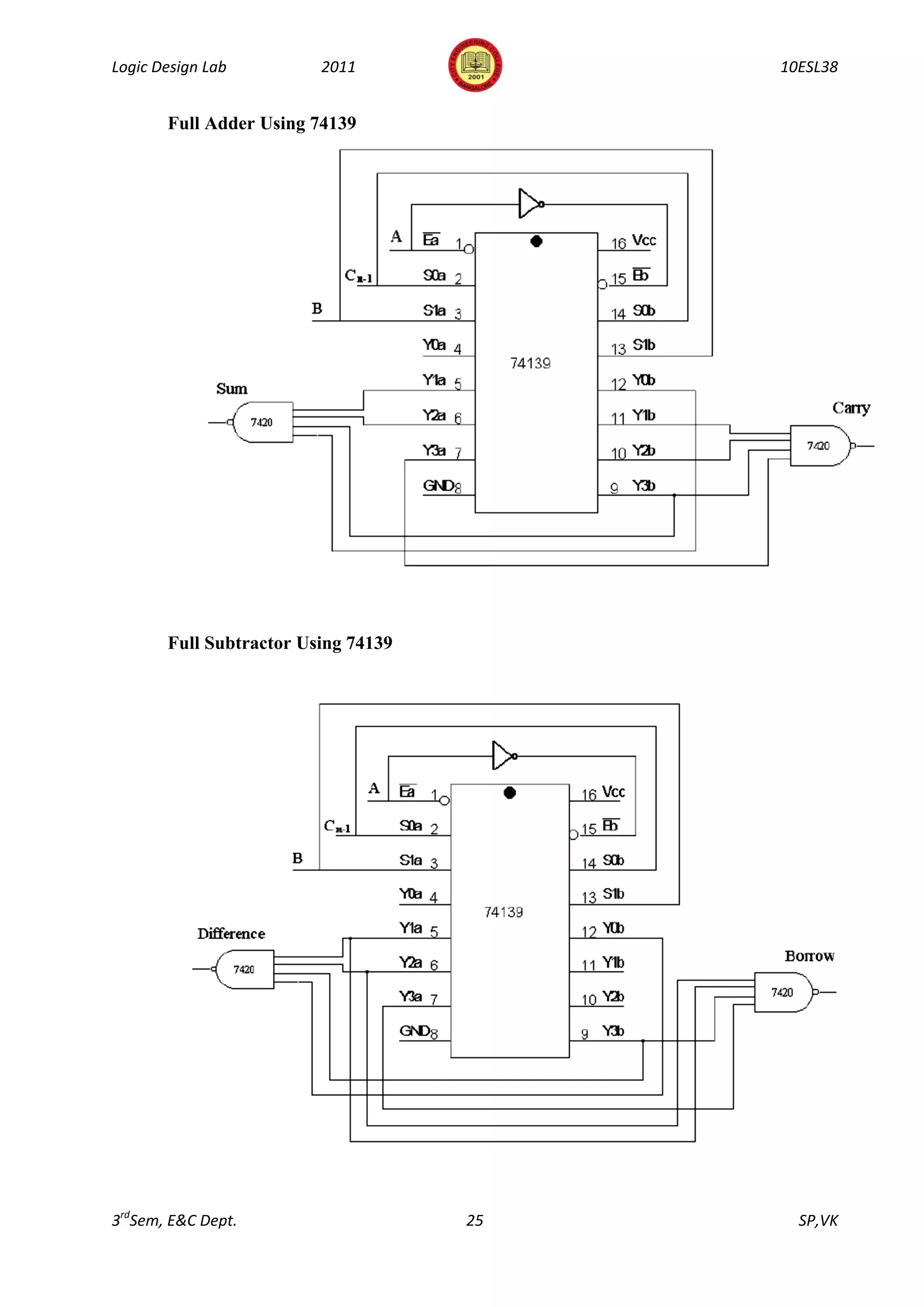 Logic Design Lab         2011             10ESL38


       Full Adder Using 74139




       Full Subtractor Using 74139




3rdSem, E&C Dept.                    25     SP,VK
 