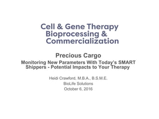 Precious Cargo
Monitoring New Parameters With Today’s SMART
Shippers - Potential Impacts to Your Therapy
Heidi Crawford, M.B.A., B.S.M.E.
BioLife Solutions
October 6, 2016
 