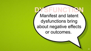 Manifest and latent
dysfunctions bring
about negative effects
or outcomes.
22
DYSFUNCTION
 
